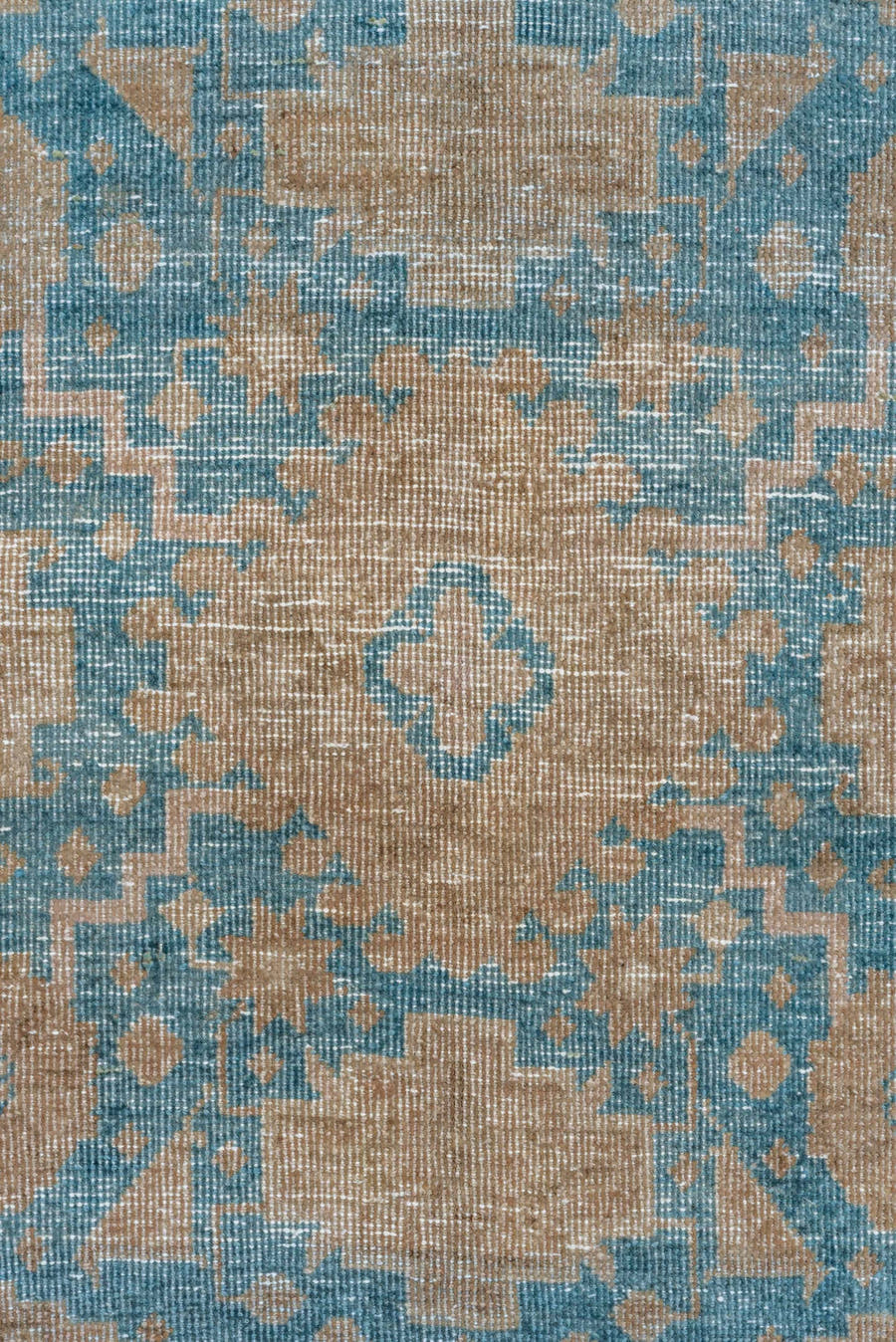 7' x 10' one-of-a-kind handmade antique Veece large size rug. Color palette: beige, sky_blue, taupe, ivory, camel