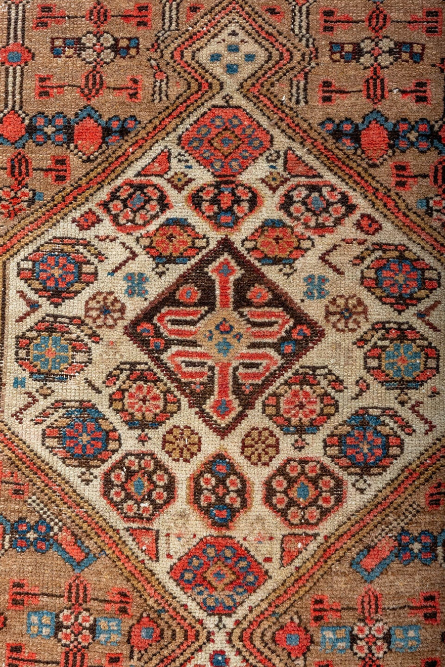 2' x 11' one-of-a-kind handmade antique Cam Hamadan runner rug. Color palette: camel, rust, ivory, indigo, blue, terracotta