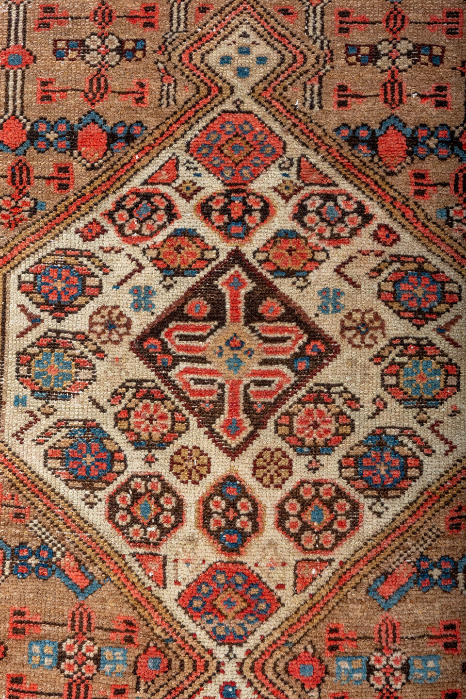 2' x 11' one-of-a-kind handmade antique Cam Hamadan runner rug. Color palette: camel, rust, ivory, indigo, blue, terracotta