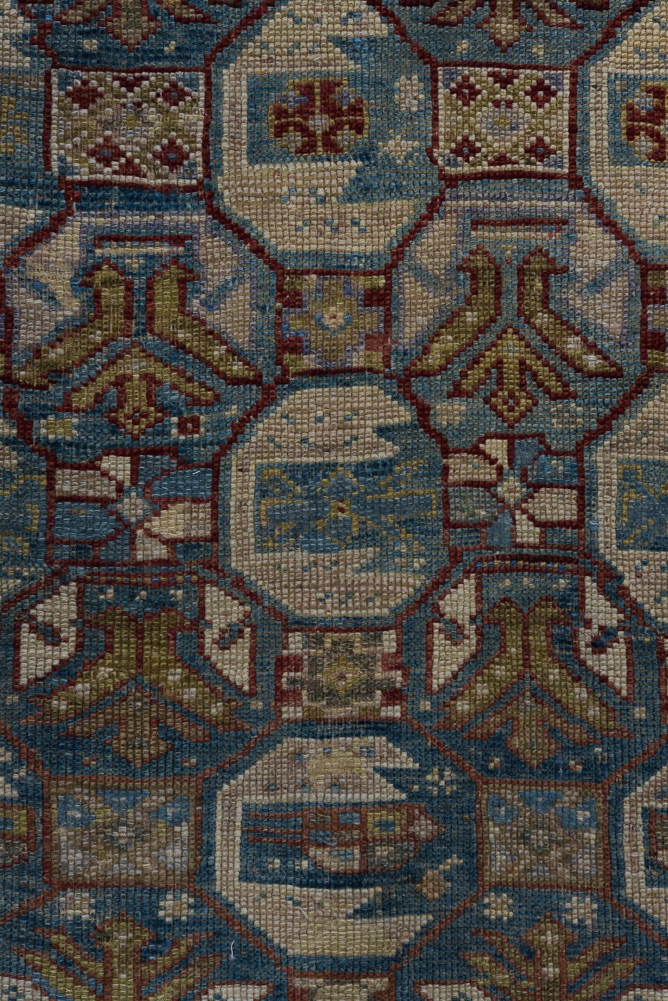 3' x 5' one-of-a-kind handmade vintage Caucasian small size rug. Color palette: ivory, brown, blue, rust, taupe, burgundy