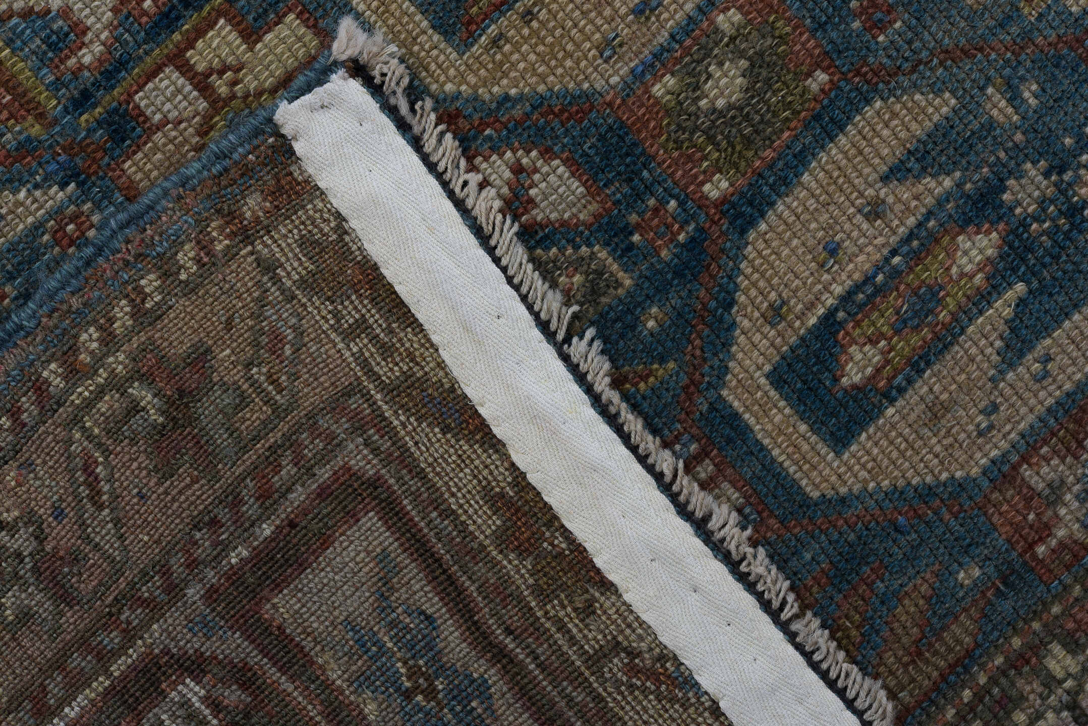3' x 5' one-of-a-kind handmade vintage Caucasian small size rug. Color palette: ivory, brown, blue, rust, taupe, burgundy