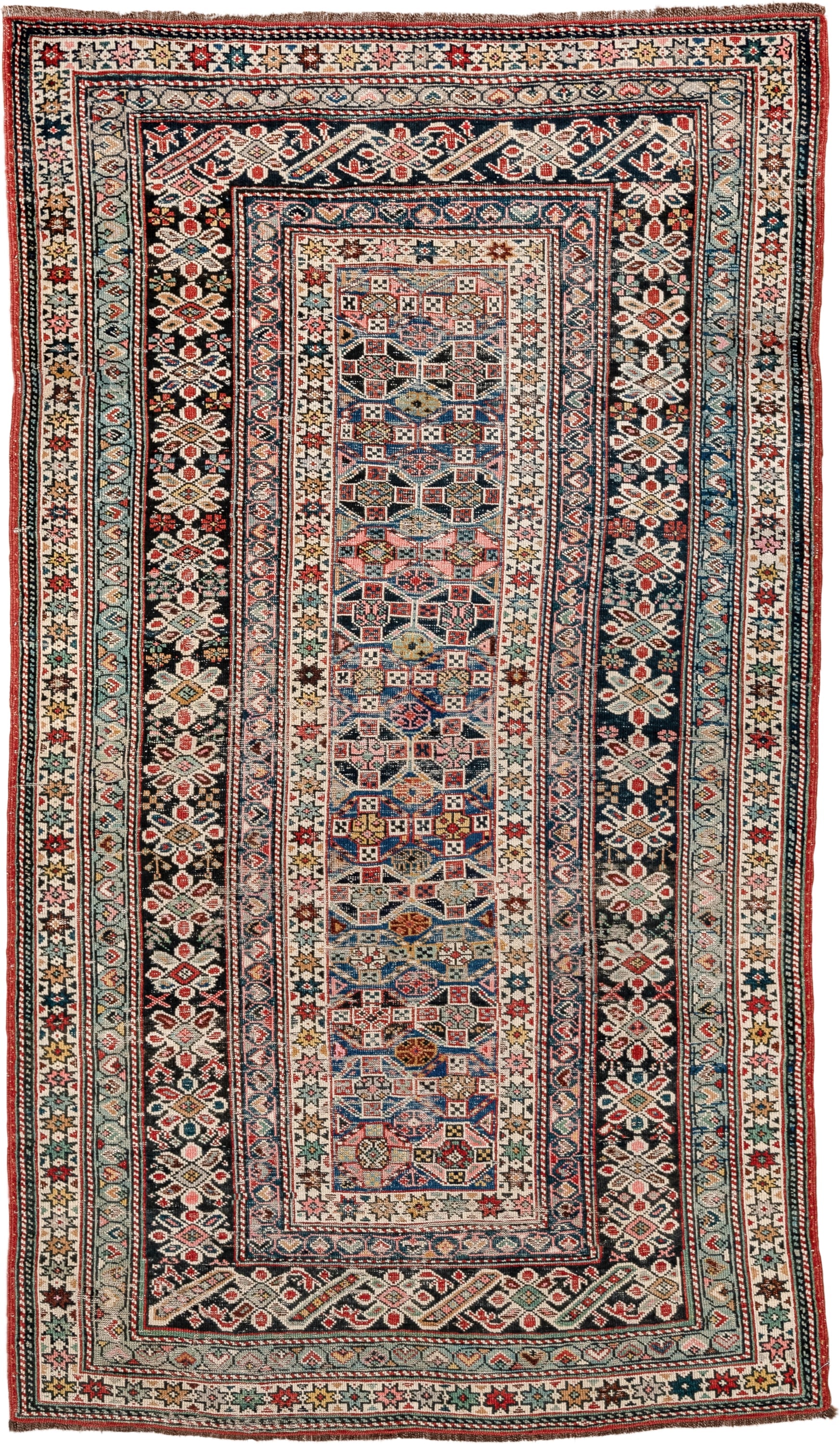 3' x 6' one-of-a-kind handmade antique Chichi small size rug. Color palette: ivory, indigo, rust, sky blue, navy, crimson