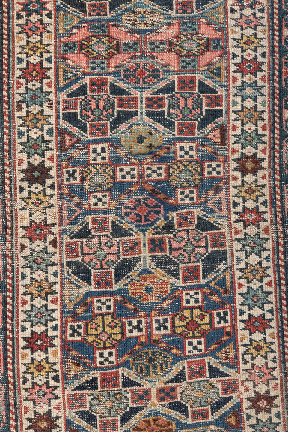 3' x 6' one-of-a-kind handmade antique Chichi small size rug. Color palette: ivory, indigo, rust, sky blue, navy, crimson