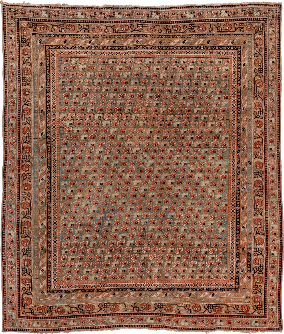 4' x 5' one-of-a-kind handmade vintage Afshar small size rug. Color palette: black, brown, gray, off-white, orange, pink