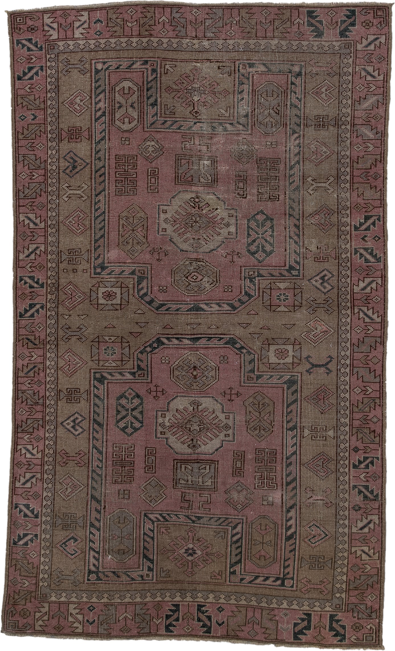 3' x 6' one-of-a-kind handmade vintage Anatolian small size rug. Color palette: rose, taupe, dusty pink, charcoal, brown