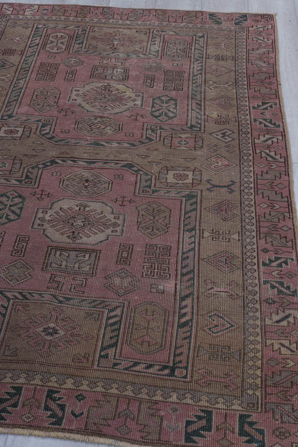 3' x 6' one-of-a-kind handmade vintage Anatolian small size rug. Color palette: rose, taupe, dusty pink, charcoal, brown