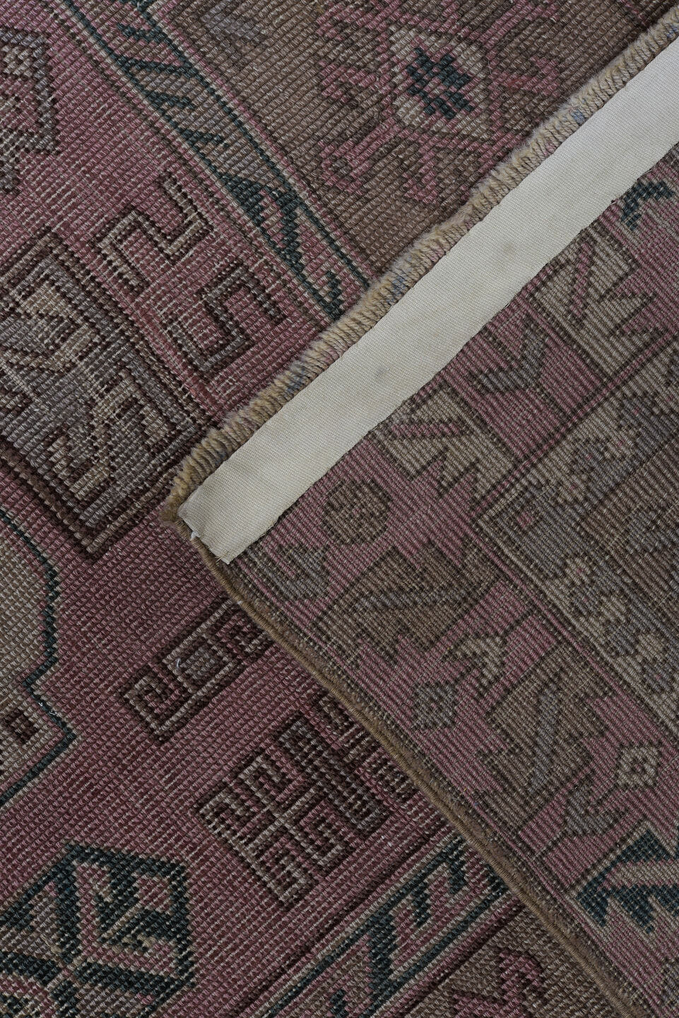 3' x 6' one-of-a-kind handmade vintage Anatolian small size rug. Color palette: rose, taupe, dusty pink, charcoal, brown
