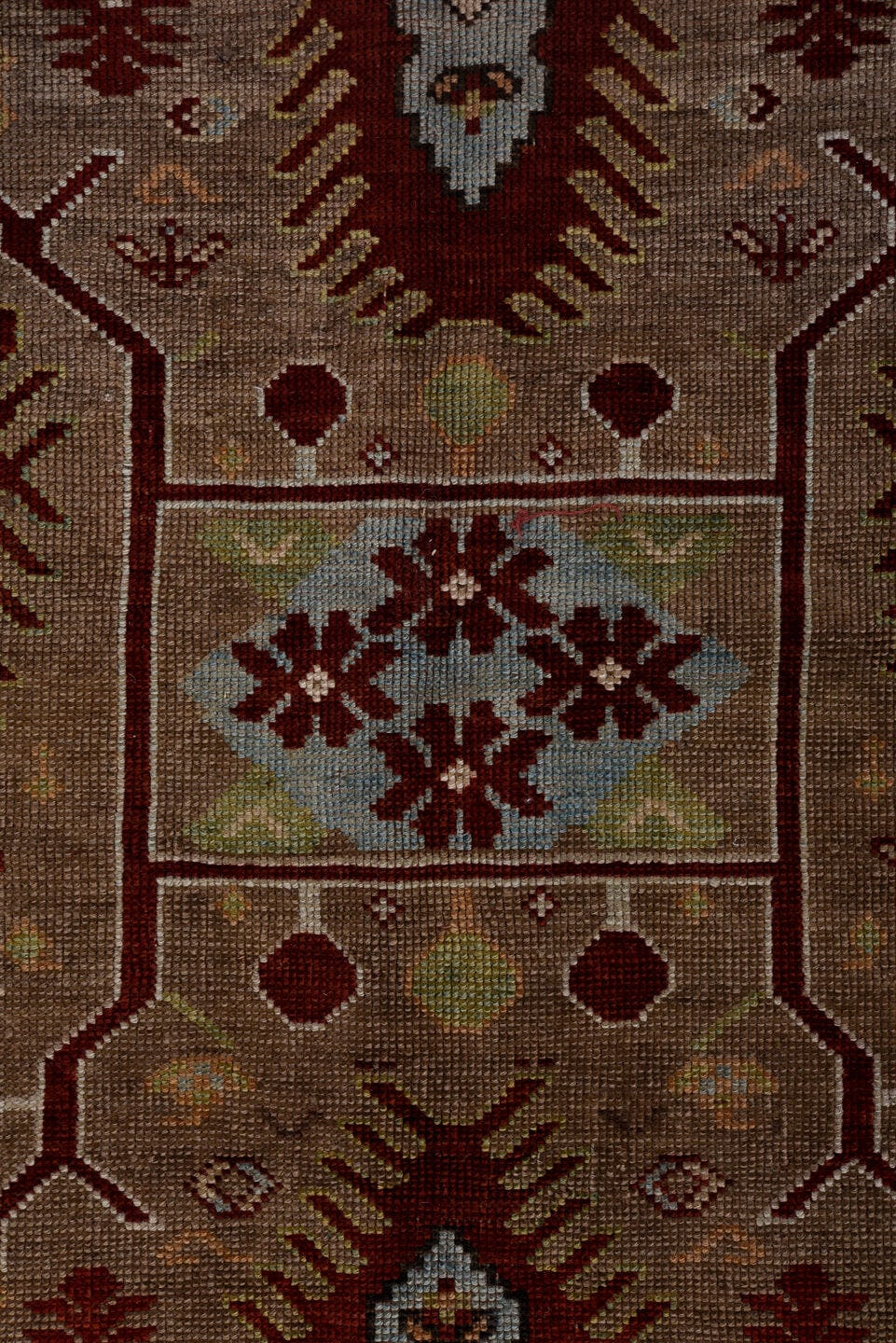 5' x 7' one-of-a-kind handmade antique Kazak rug. Color palette: red, ivory, sky blue, burgundy, taupe, brown, light blue