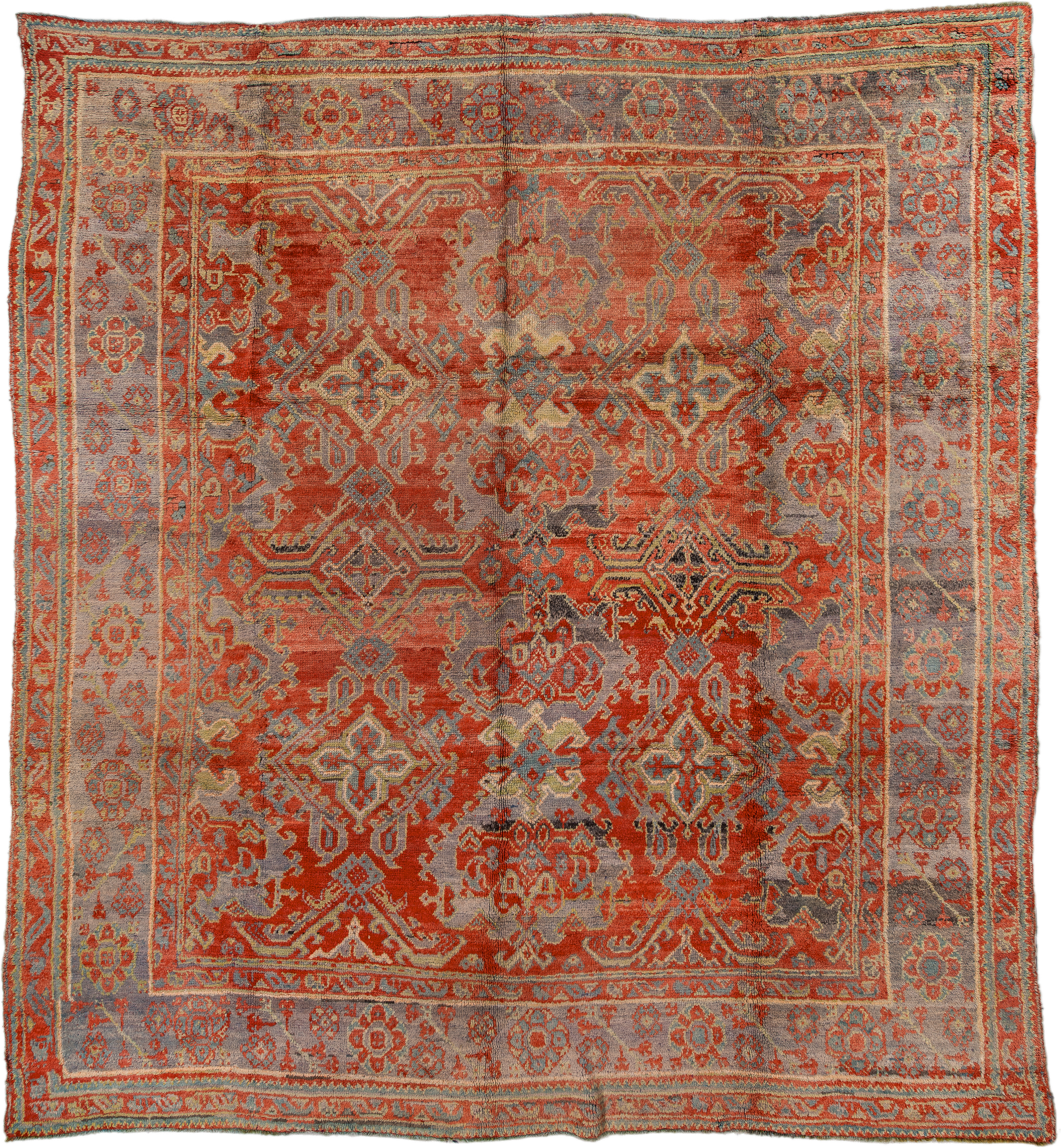 10' x 11' one-of-a-kind handmade antique Oushak large size rug. Color palette: terra cotta, gray, pale blue, ivory, rust