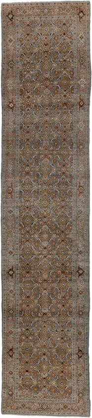 3' x 16' one-of-a-kind handmade antique Bidjar runner rug. Color palette: taupe, slate, ivory, rose, brown, sage, gold
