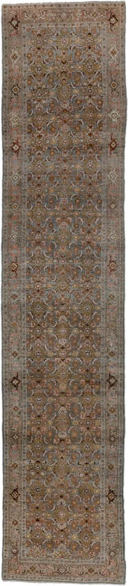 3' x 16' one-of-a-kind handmade antique Bidjar runner rug. Color palette: taupe, slate, ivory, rose, brown, sage, gold
