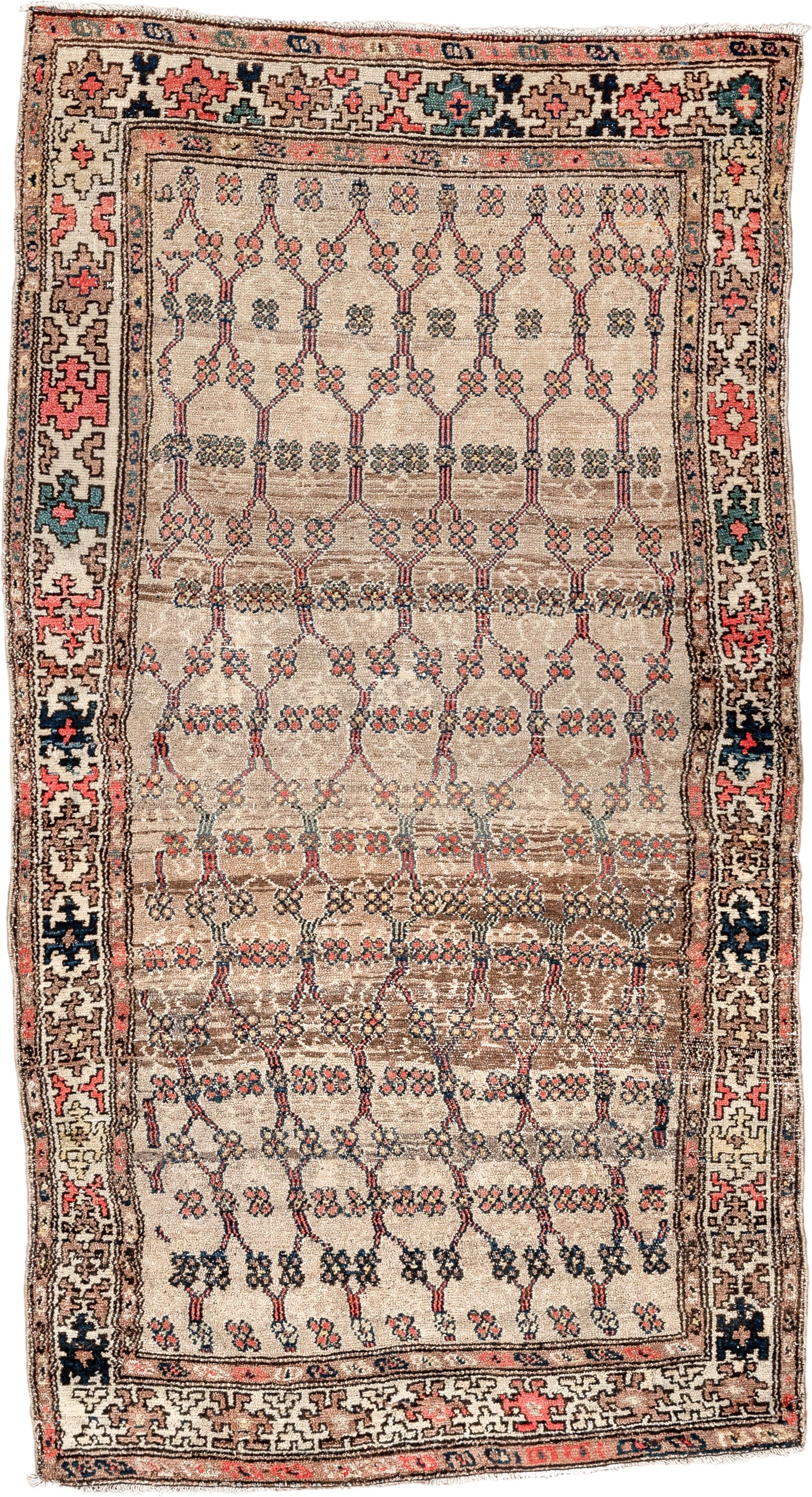 3' x 6' one-of-a-kind handmade antique Hamadan small size rug. Color palette: ivory, taupe, navy, coral, brown, teal
