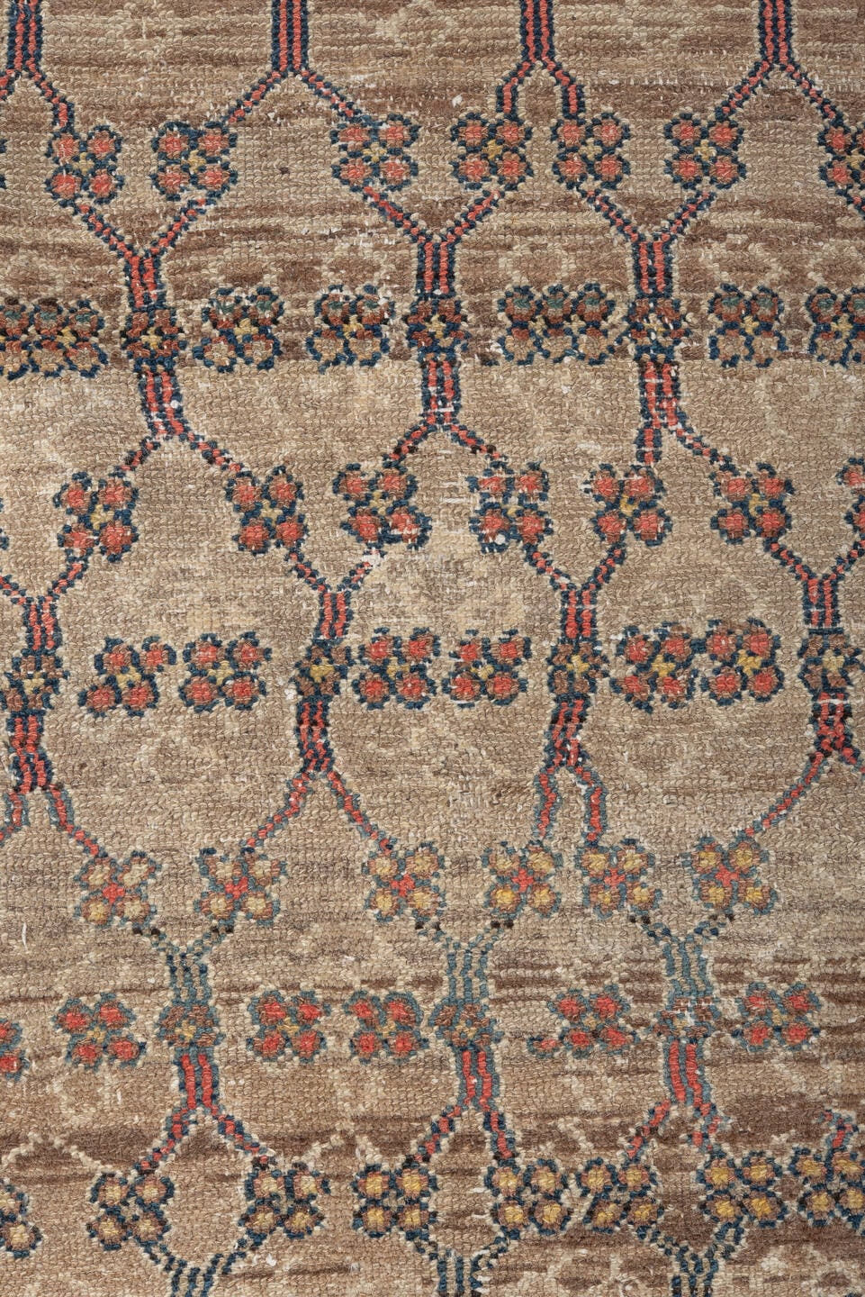 3' x 6' one-of-a-kind handmade antique Hamadan small size rug. Color palette: ivory, taupe, navy, coral, brown, teal
