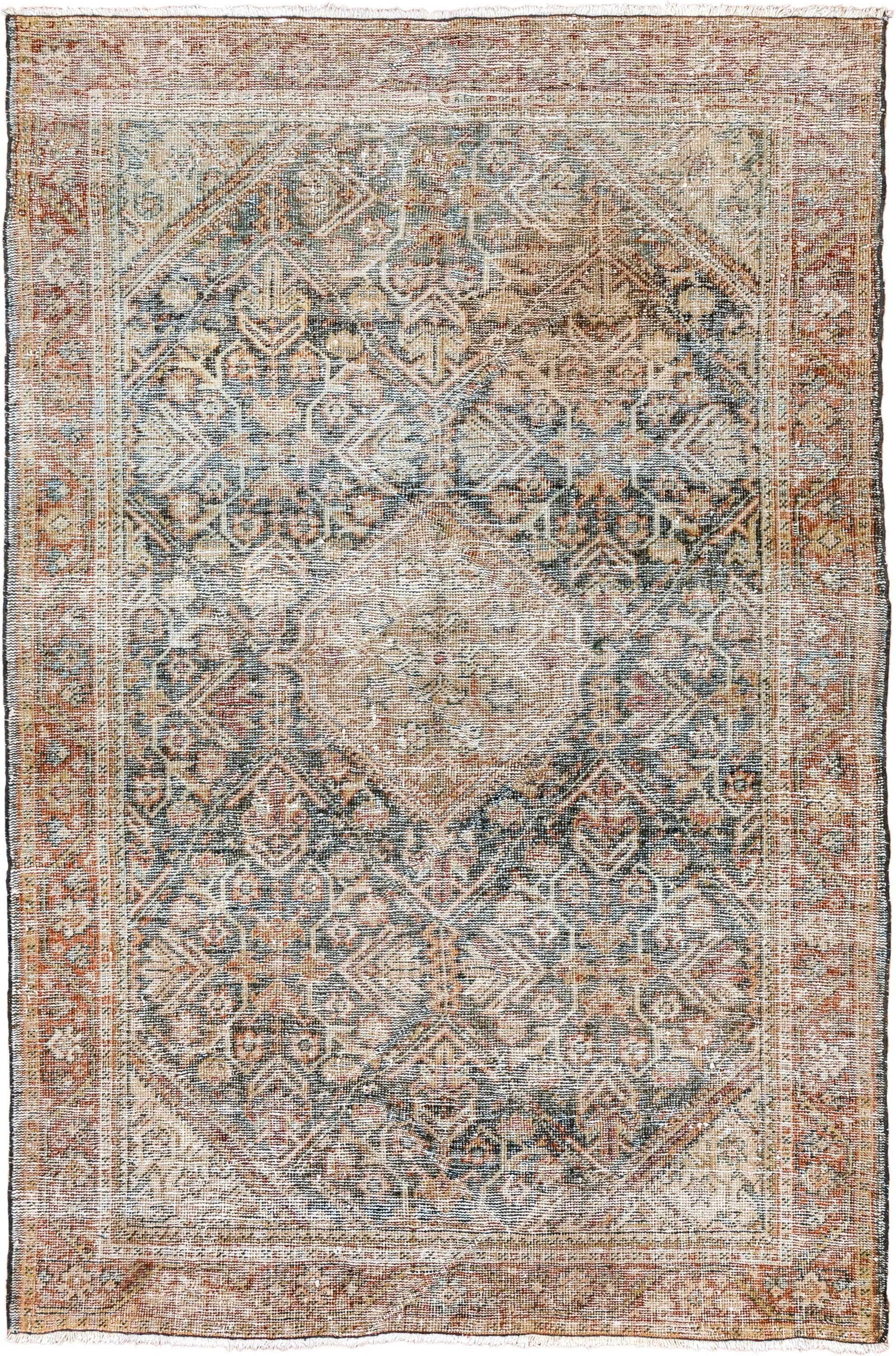 4' x 6' one-of-a-kind handmade antique Mahal small size rug. Color palette: ivory, rust, slate, taupe, terra cotta, sage