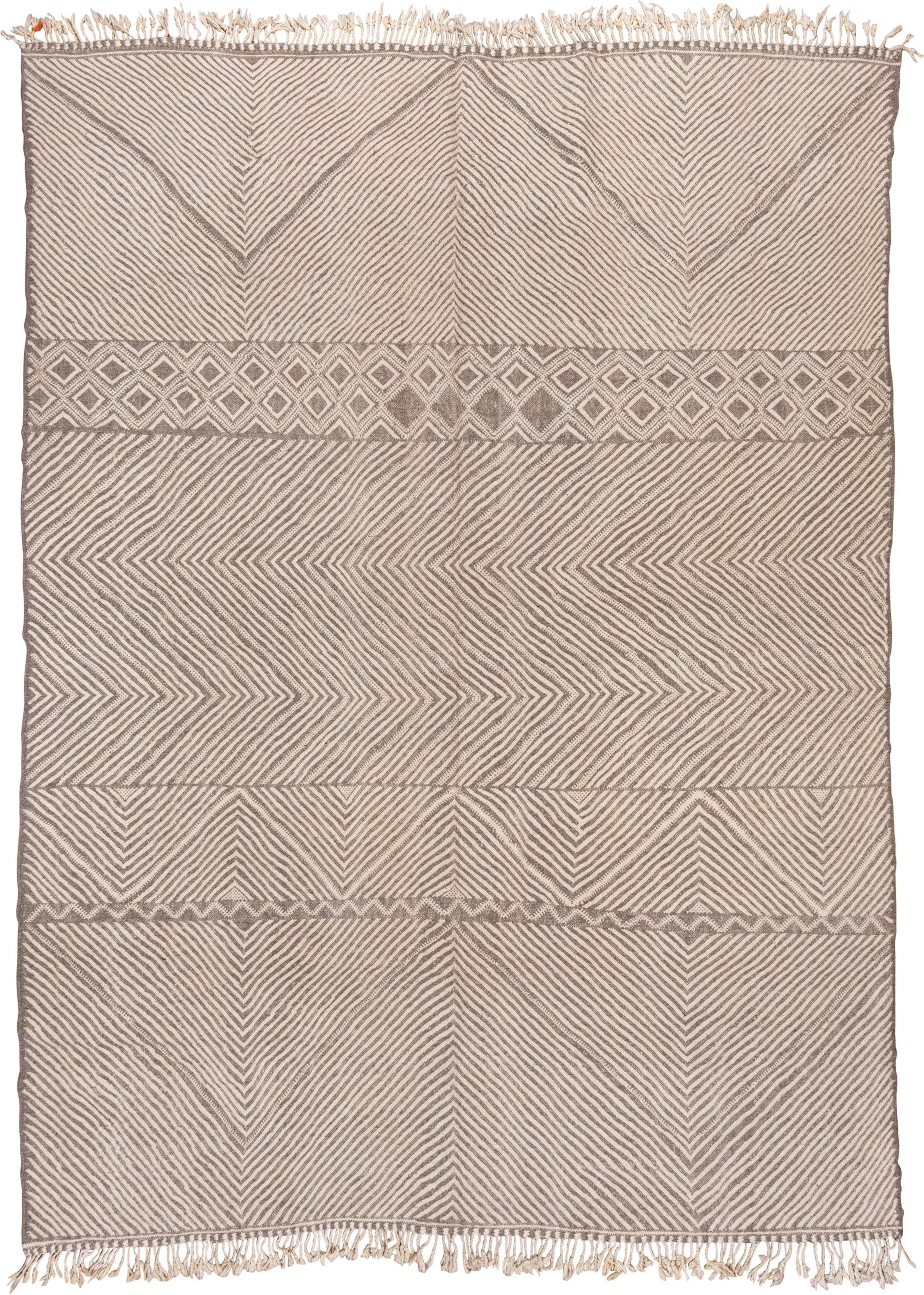 9' x 13' one-of-a-kind handmade vintage Kilim large size rug. Color palette: ivory, taupe, beige, gray