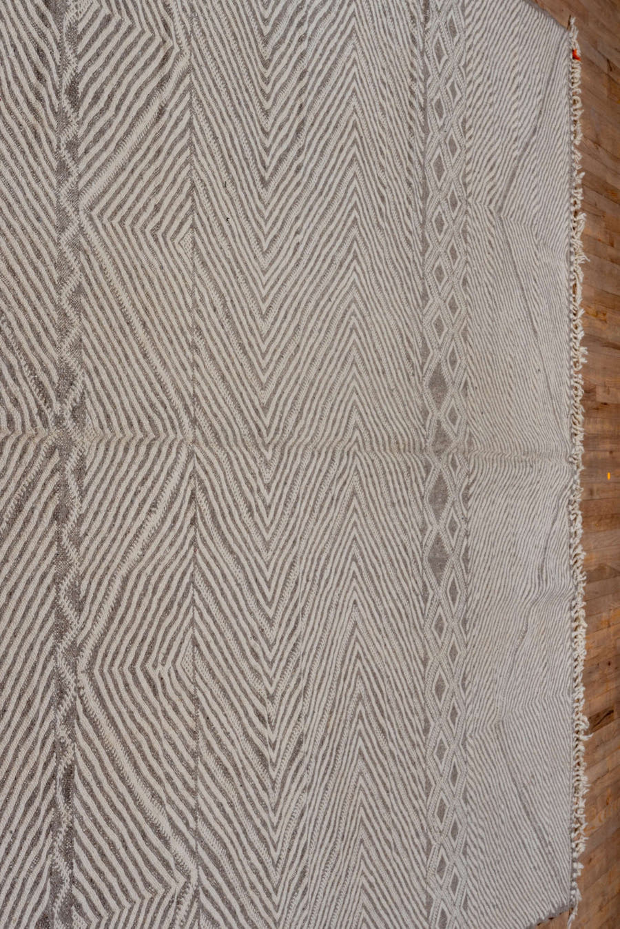 9' x 13' one-of-a-kind handmade vintage Kilim large size rug. Color palette: ivory, taupe, beige, gray