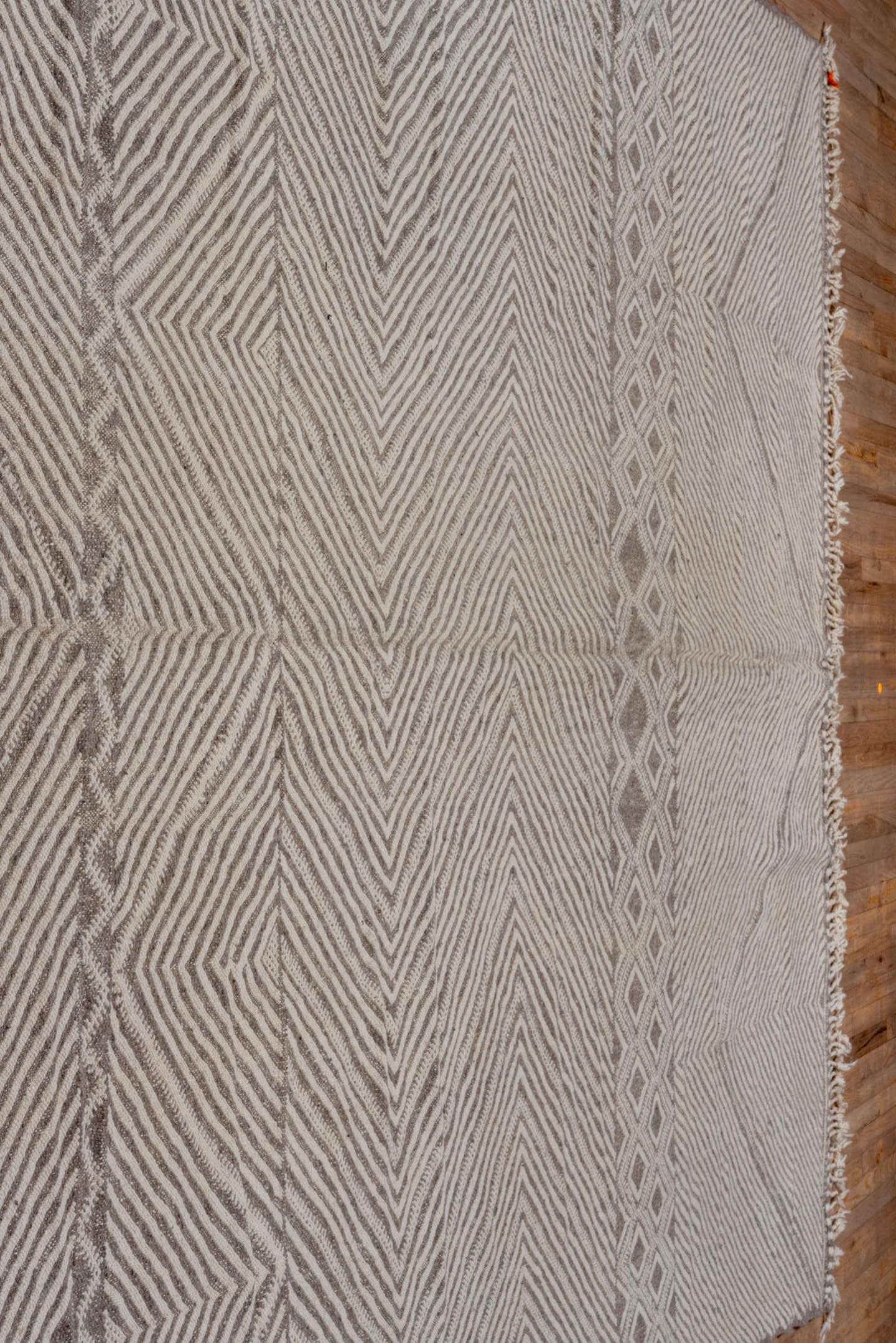 9' x 13' one-of-a-kind handmade vintage Kilim large size rug. Color palette: ivory, taupe, beige, gray