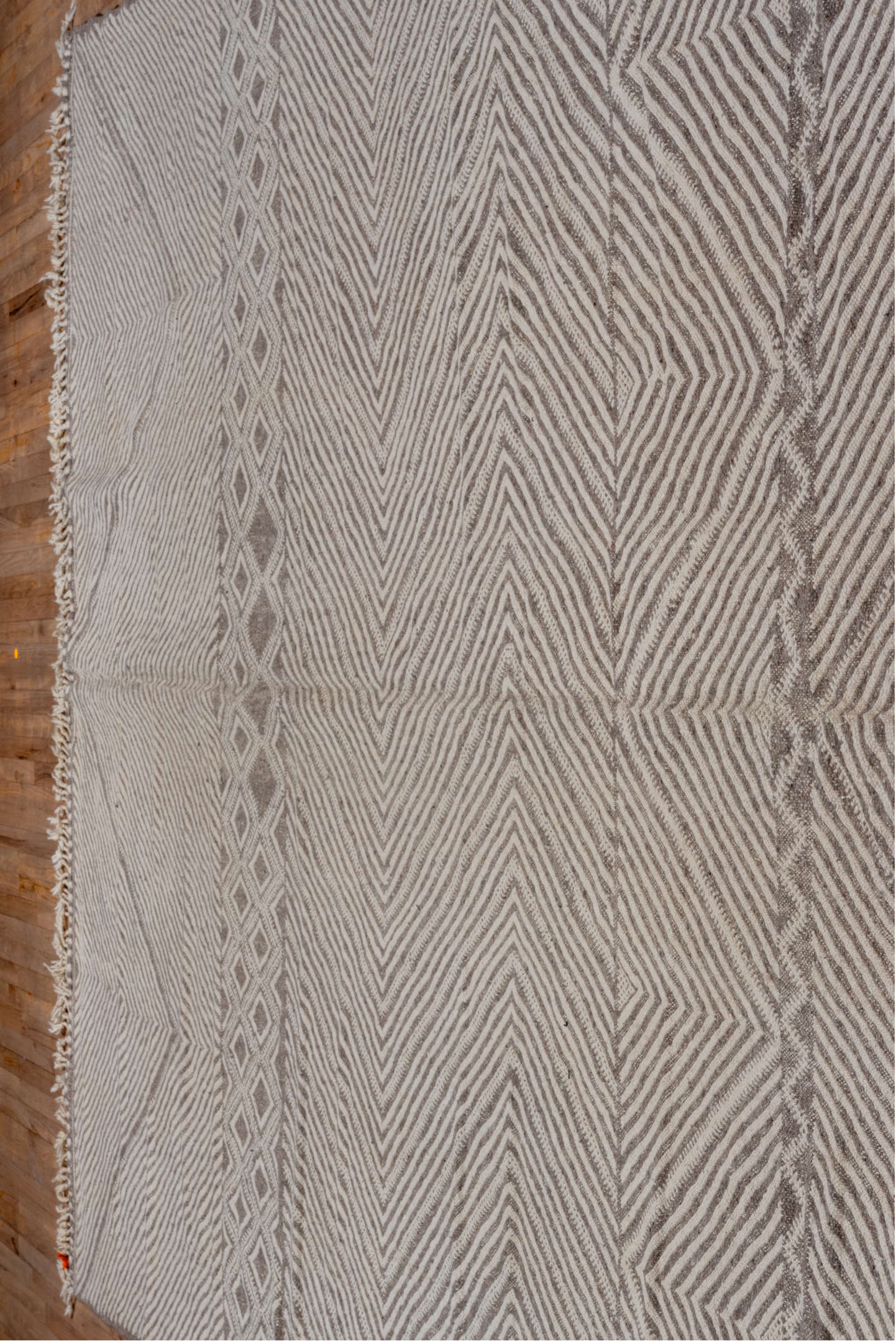 9' x 13' one-of-a-kind handmade vintage Kilim large size rug. Color palette: ivory, taupe, beige, gray