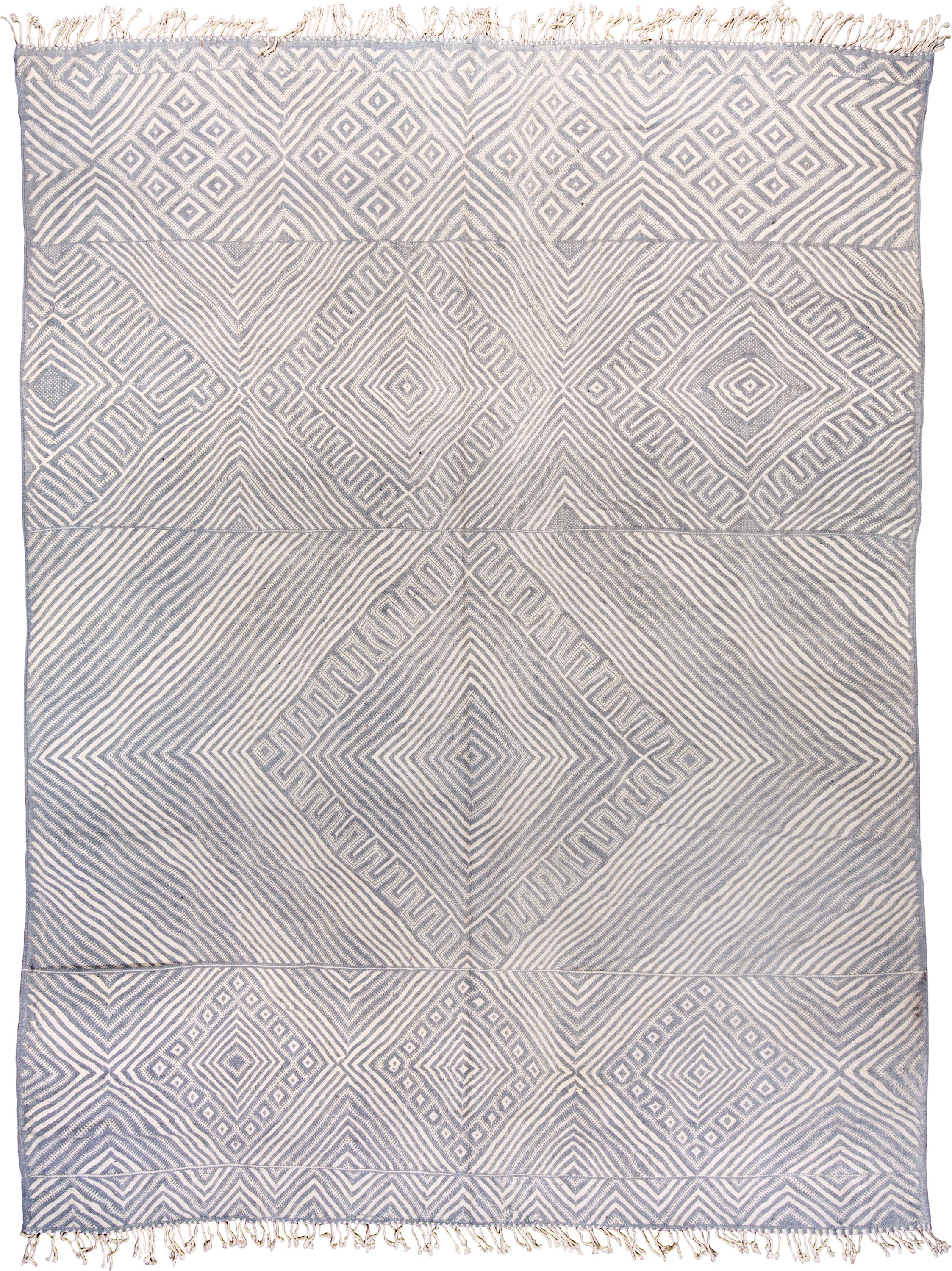 10' x 14' one-of-a-kind handmade vintage Kilim large size rug. Color palette: ivory, slate, pale blue, steel blue, gray