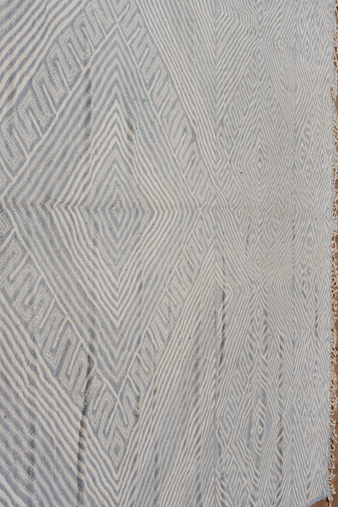 10' x 14' one-of-a-kind handmade vintage Kilim large size rug. Color palette: ivory, slate, pale blue, steel blue, gray