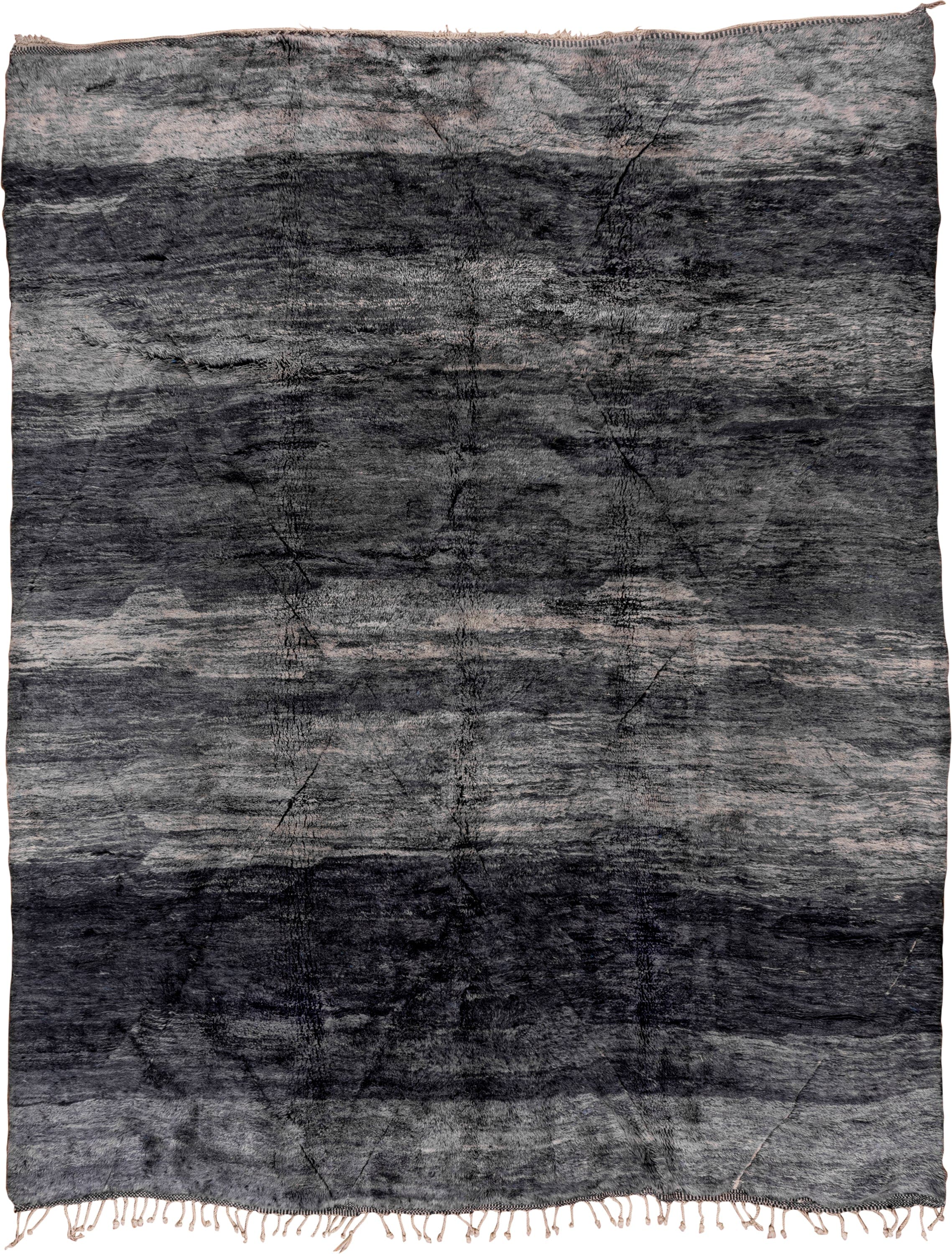 11' x 14' one-of-a-kind handmade vintage Moroccan oversize rug. Color palette: charcoal, gray, slate, ivory, black