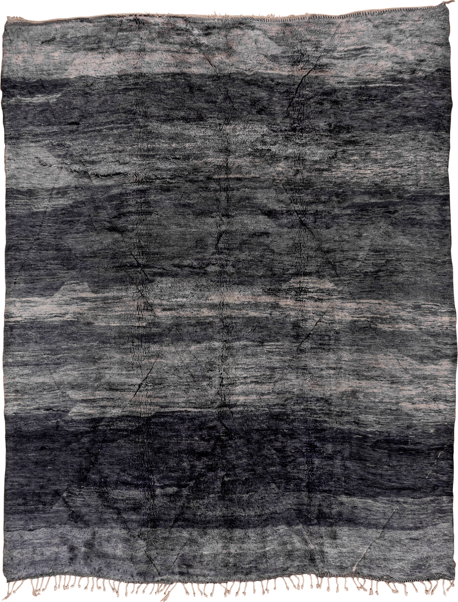 11' x 14' one-of-a-kind handmade vintage Moroccan oversize rug. Color palette: black, blue, charcoal, dark gray, dim gray