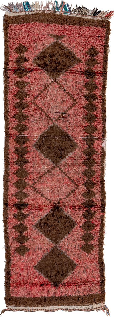 2' x 8' one-of-a-kind handmade vintage Moroccan runner rug. Color palette: black, brown, pink, red