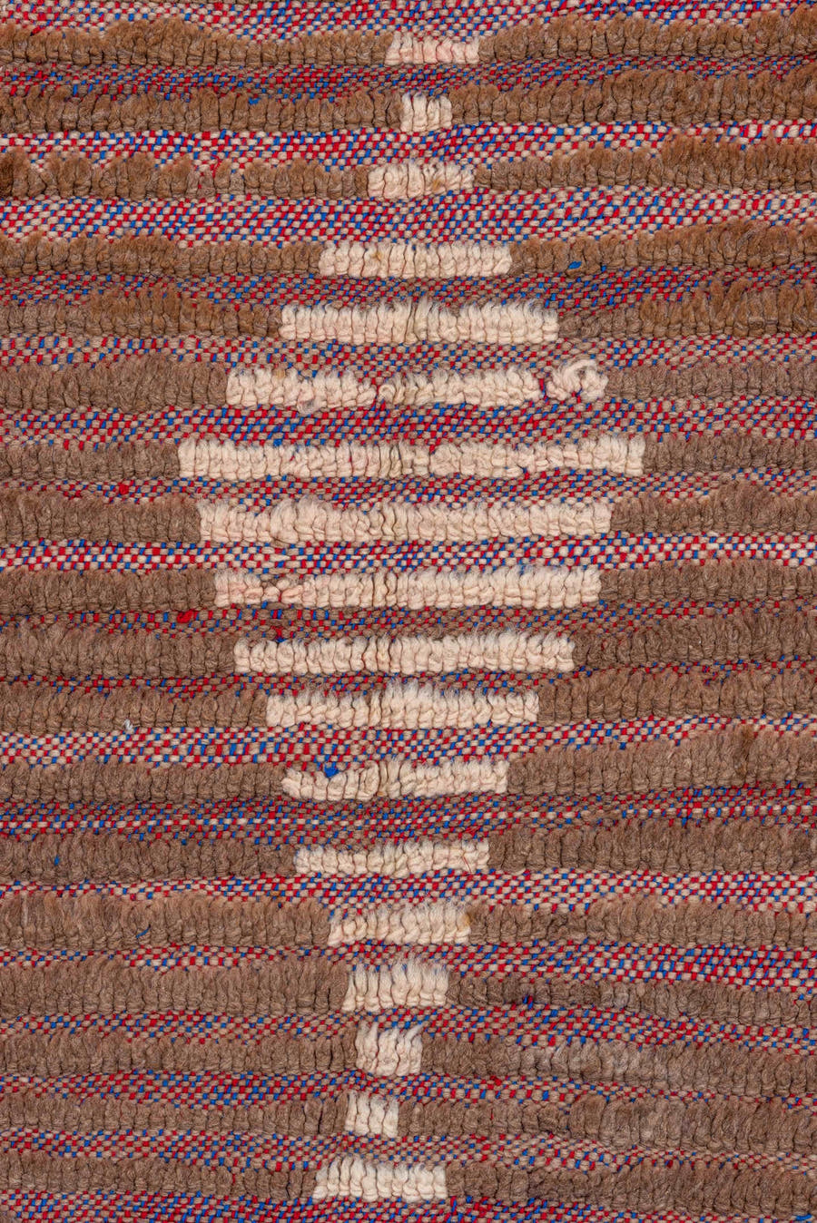 3' x 7' one-of-a-kind handmade vintage Moroccan rug. Color palette: brown, taupe, ivory, blush, saffron, rose, sky_blue