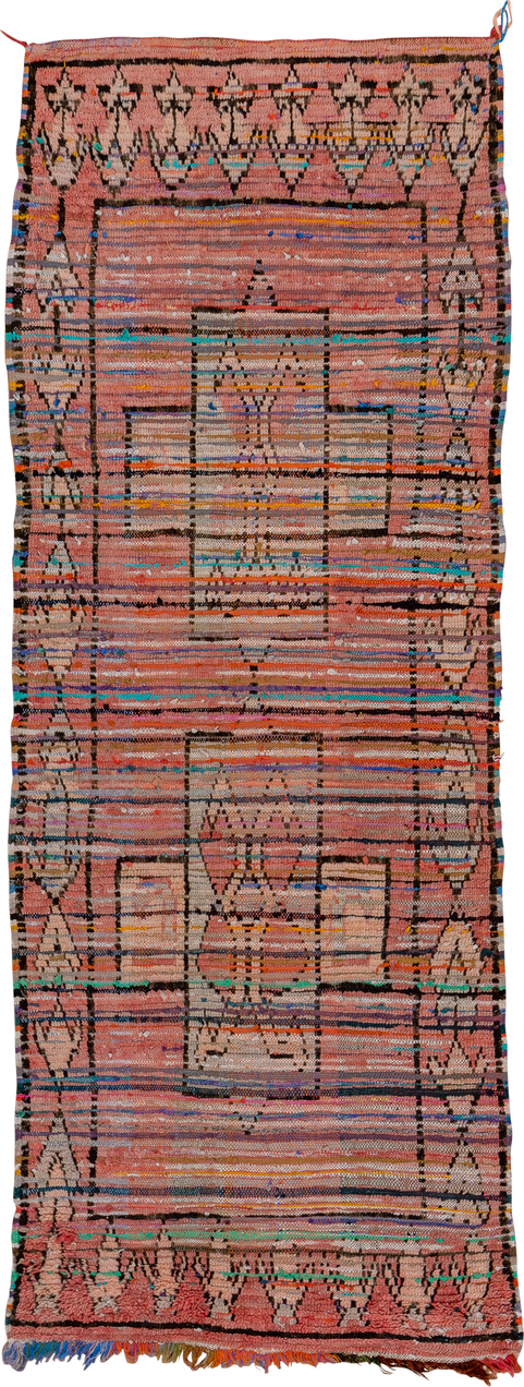 3' x 8' one-of-a-kind handmade vintage Moroccan runner rug. Color palette: black, blue, brown, gray, green, orange, pink