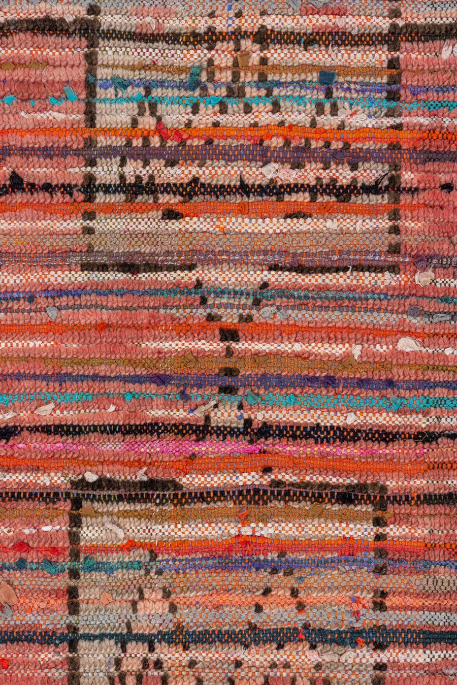 3' x 8' one-of-a-kind handmade vintage Moroccan runner rug. Color palette: rose, ivory, charcoal, taupe, turquoise, rust