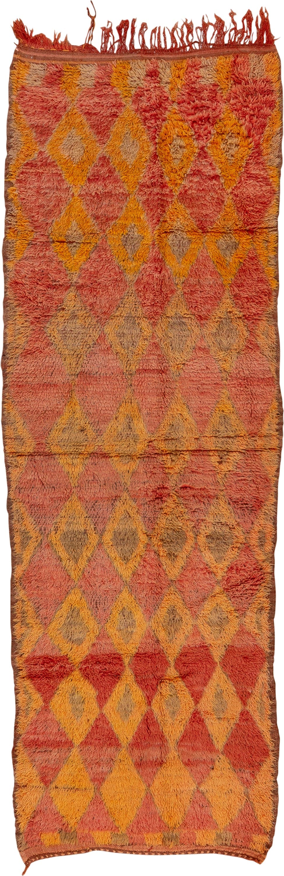 3' x 10' one-of-a-kind handmade vintage Moroccan runner rug. Color palette: coral, saffron, terra cotta, taupe, rose, camel