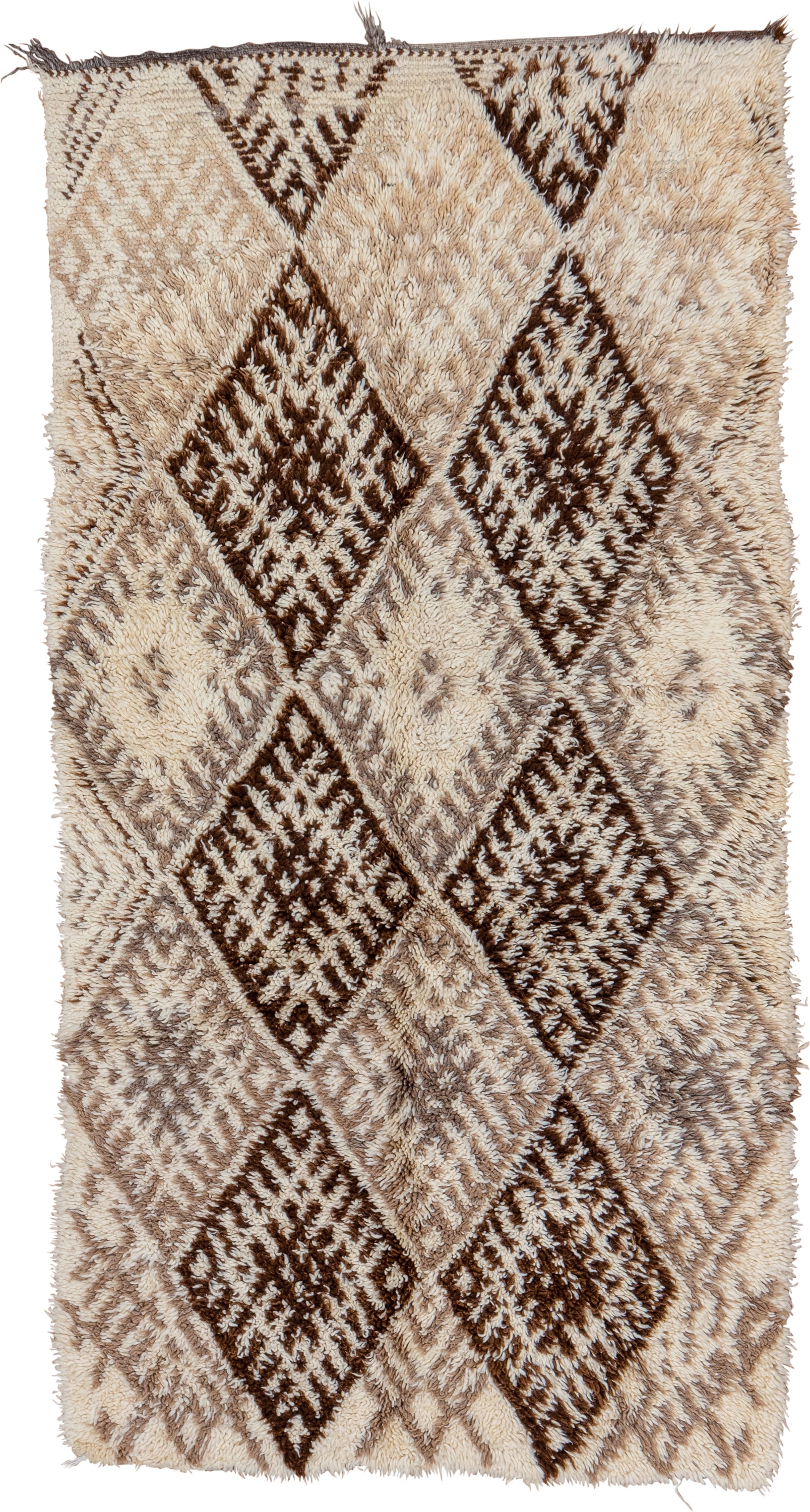 3' x 7' one-of-a-kind handmade vintage Moroccan rug. Color palette: ivory, brown, taupe, cream, beige, gray