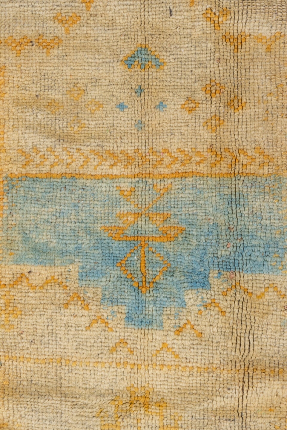 6' x 10' one-of-a-kind handmade vintage Moroccan large size rug. Color palette: saffron, ivory, gold, sky_blue, camel, taupe