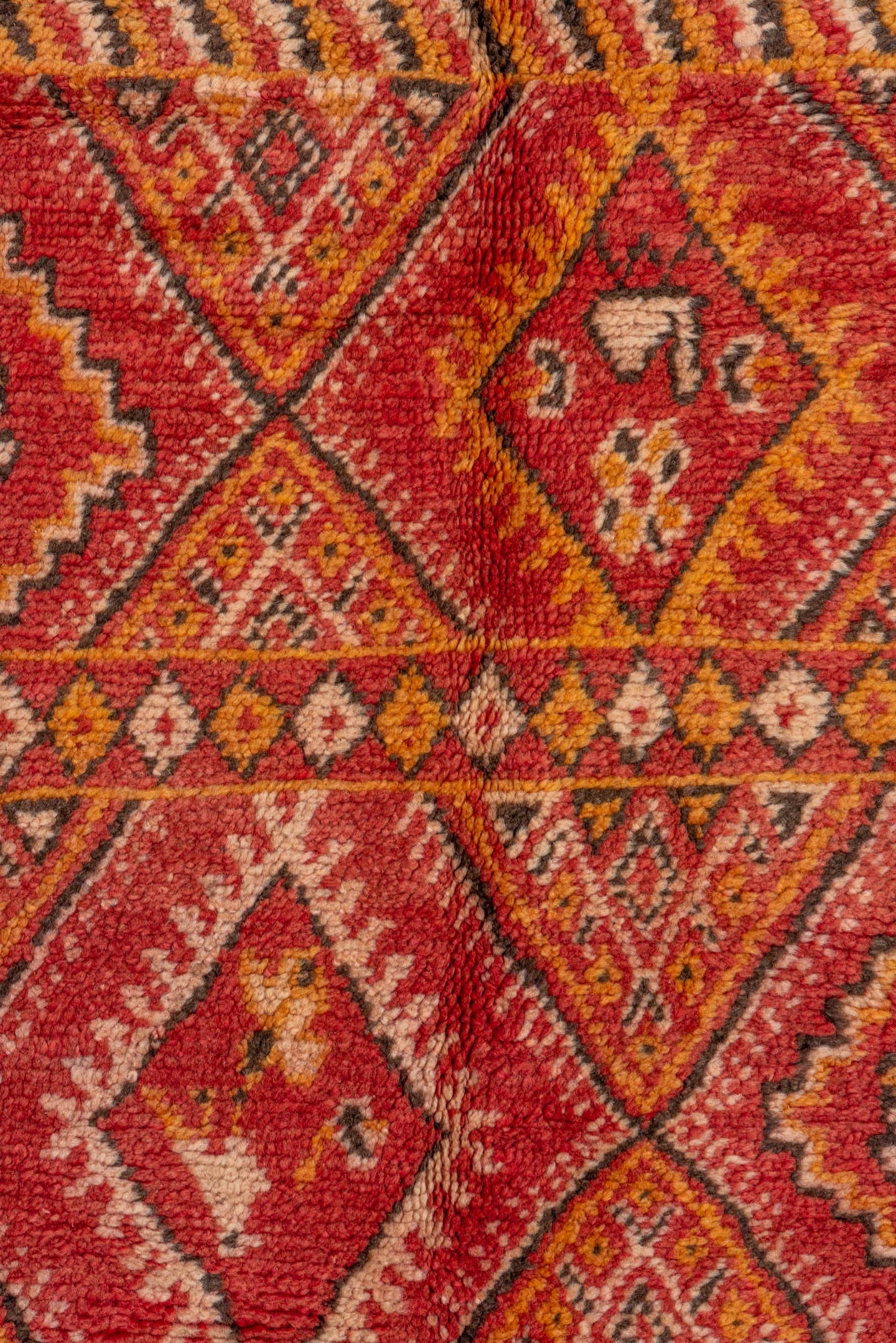 5' x 8' one-of-a-kind handmade vintage Moroccan medium size rug. Color palette: terra cotta, coral, rust, saffron, ivory