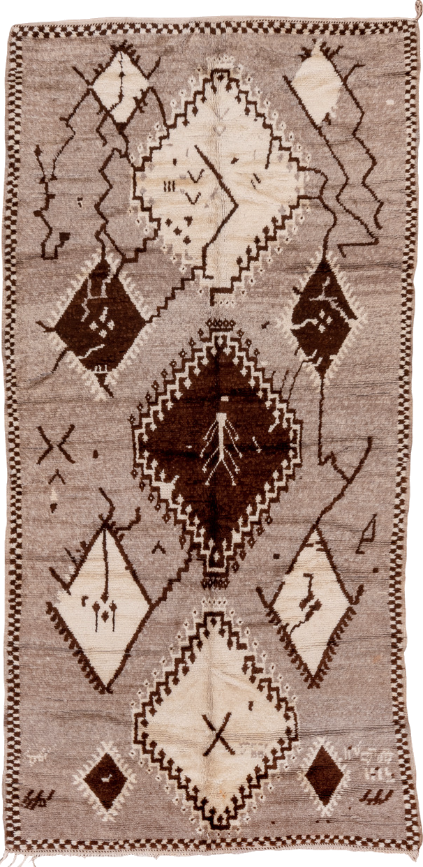 4' x 9' one-of-a-kind handmade vintage Moroccan runner rug. Color palette: black, brown, gray, light gray, off-white, orange