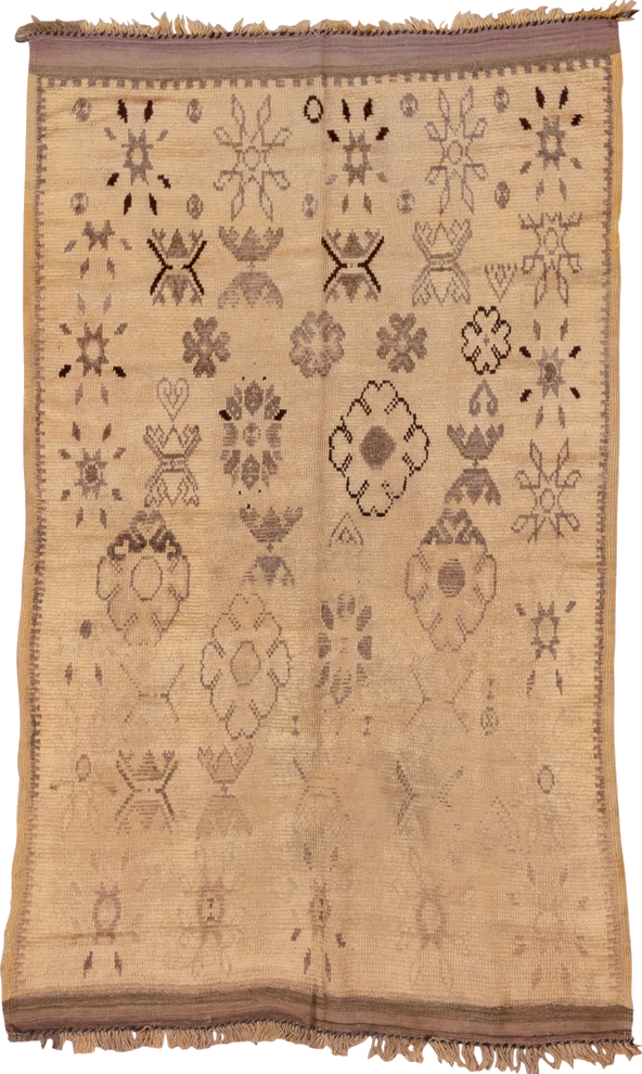 4' x 7' one-of-a-kind handmade vintage Moroccan rug. Color palette: brown, burlywood, off-white, orange, pink, snow, tan
