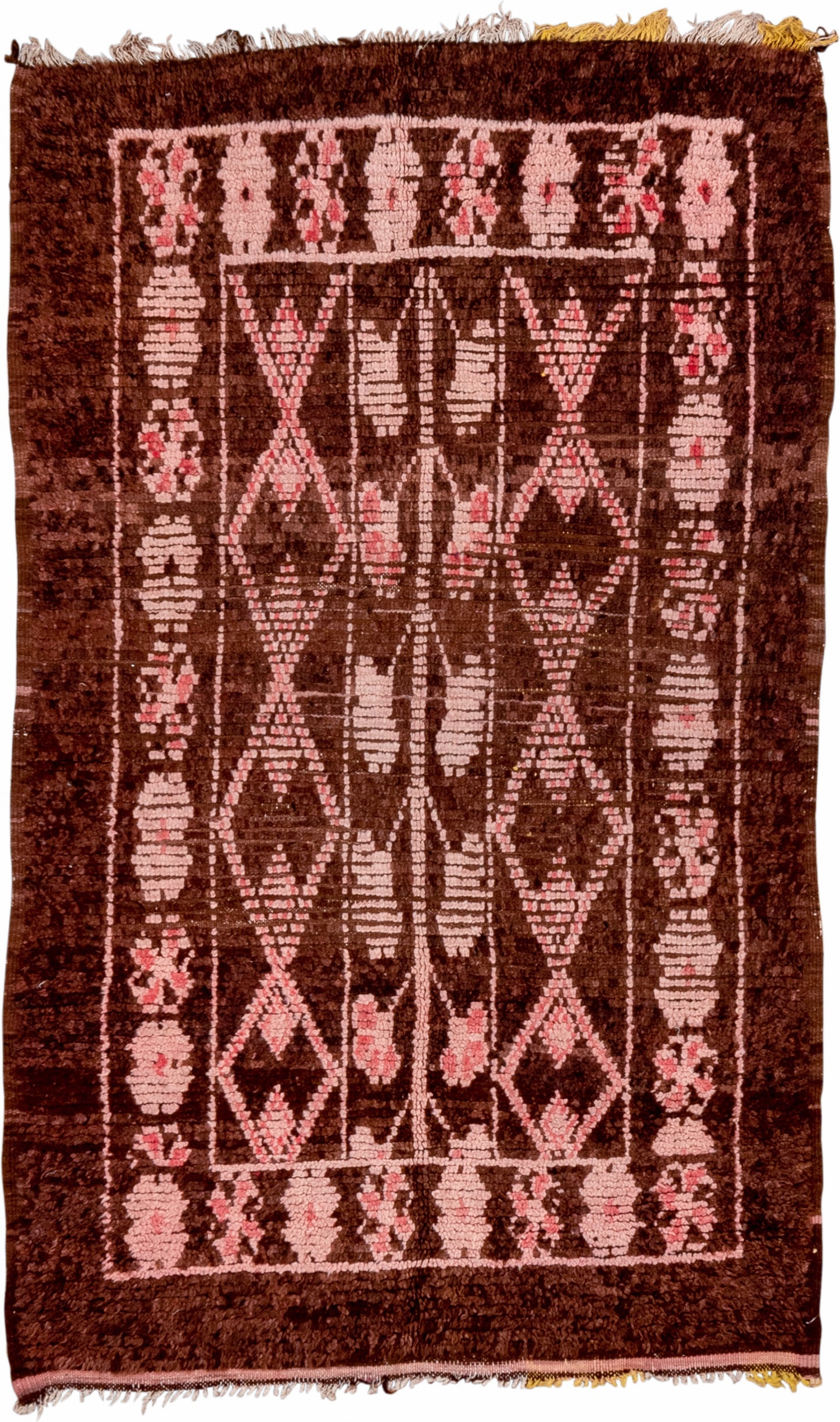 3' x 6' one-of-a-kind handmade vintage Moroccan small size rug. Color palette: brown, blush, rose, charcoal, pink, red, gray
