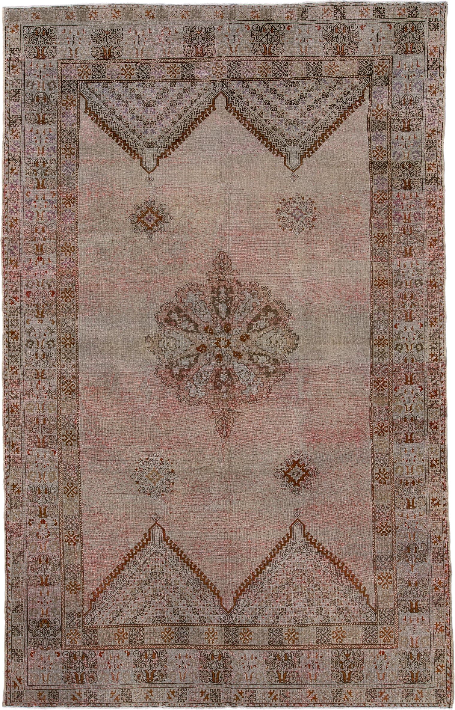 8' x 13' one-of-a-kind handmade antique Moroccan large size rug. Color palette: blush, ivory, taupe, brown, rose, camel