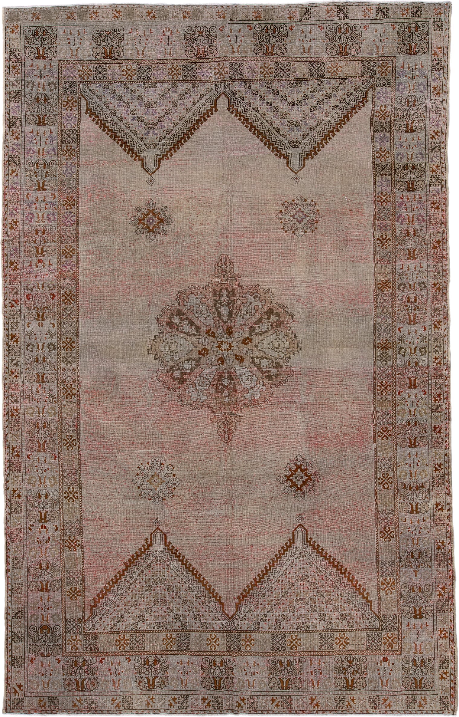 8' x 13' one-of-a-kind handmade antique Moroccan large size rug. Color palette: blush, ivory, taupe, brown, rose, camel