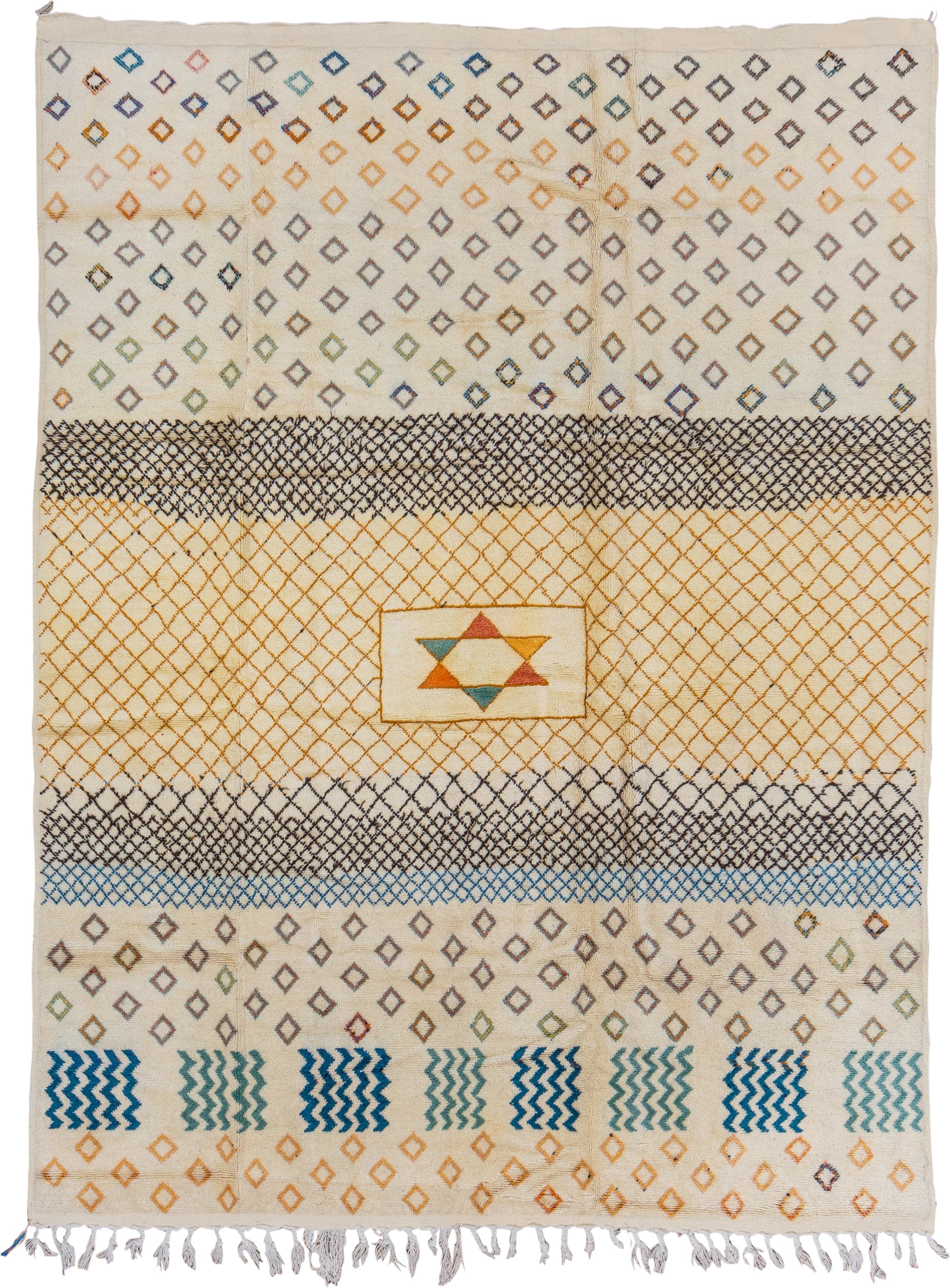 7' x 10' one-of-a-kind handmade vintage Moroccan large size rug. Color palette: ivory, gold, charcoal, sky_blue, teal
