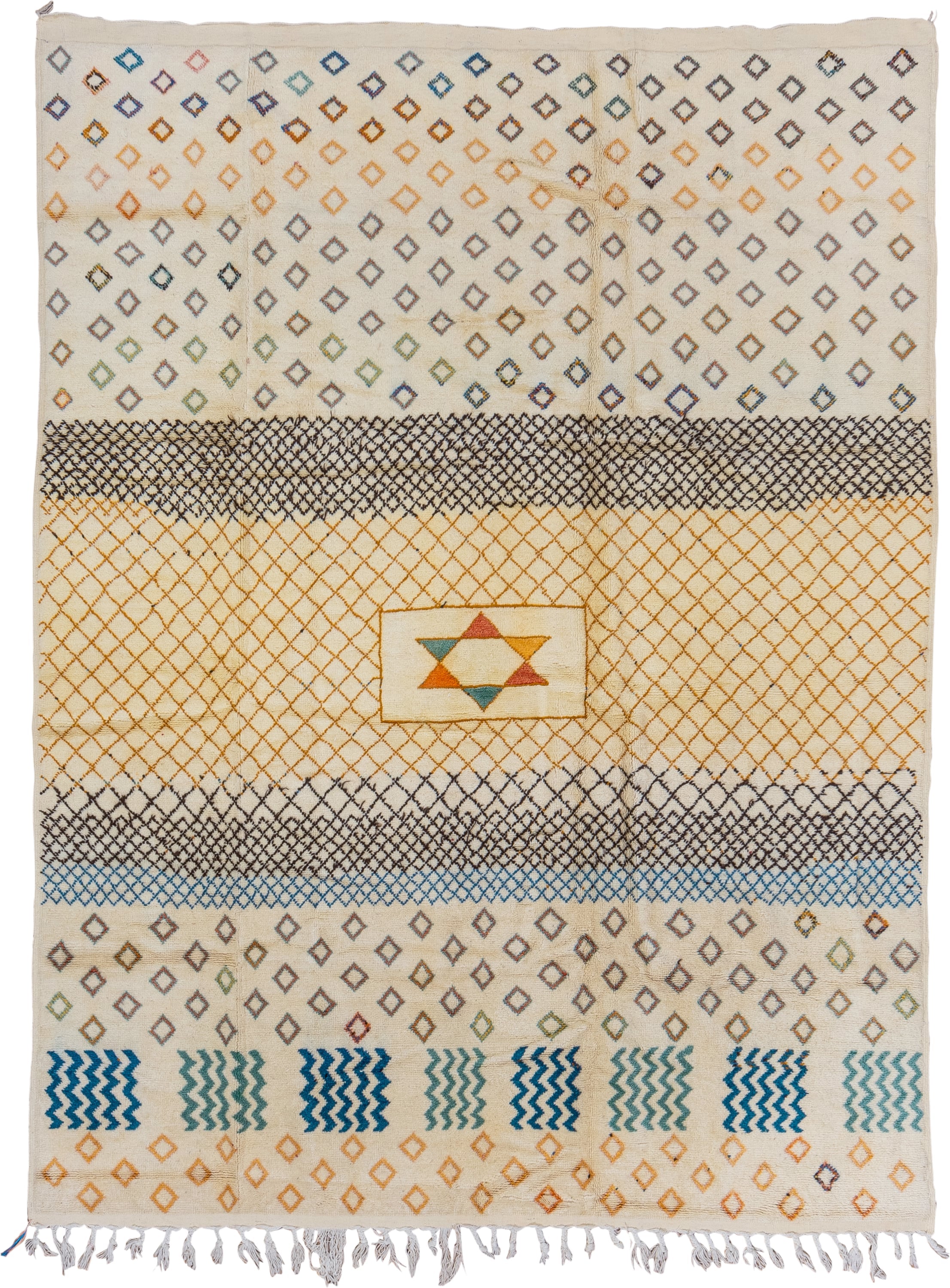 7' x 10' one-of-a-kind handmade vintage Moroccan large size rug. Color palette: ivory, gold, charcoal, sky_blue, teal