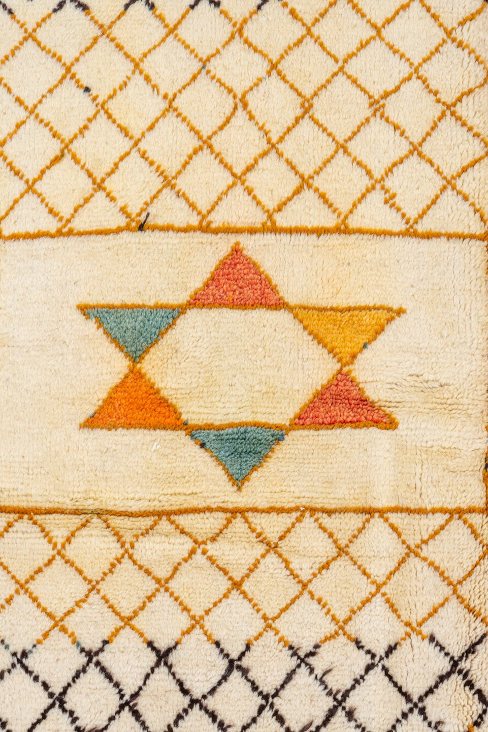 7' x 10' one-of-a-kind handmade vintage Moroccan large size rug. Color palette: ivory, gold, charcoal, sky_blue, teal