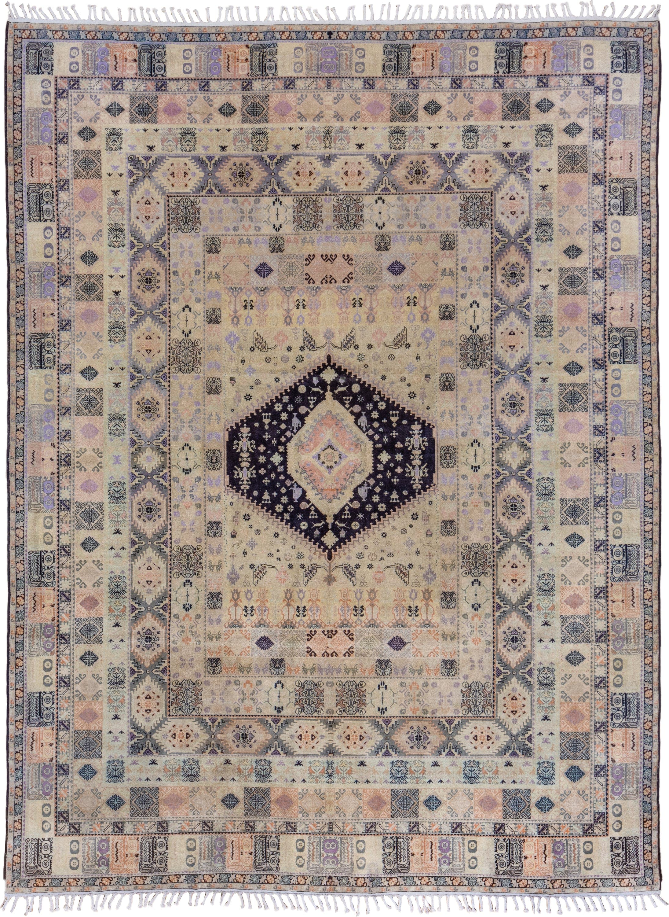 9' x 13' one-of-a-kind handmade antique Moroccan large size rug. Color palette: ivory, lavender, charcoal, peach, slate