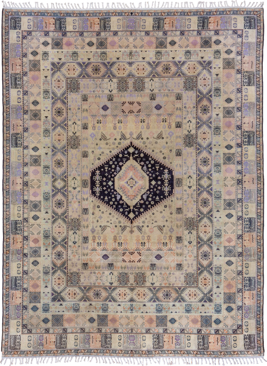 9' x 13' one-of-a-kind handmade vintage Moroccan large size rug. Color palette: black, blue, brown, charcoal, dim gray, gray