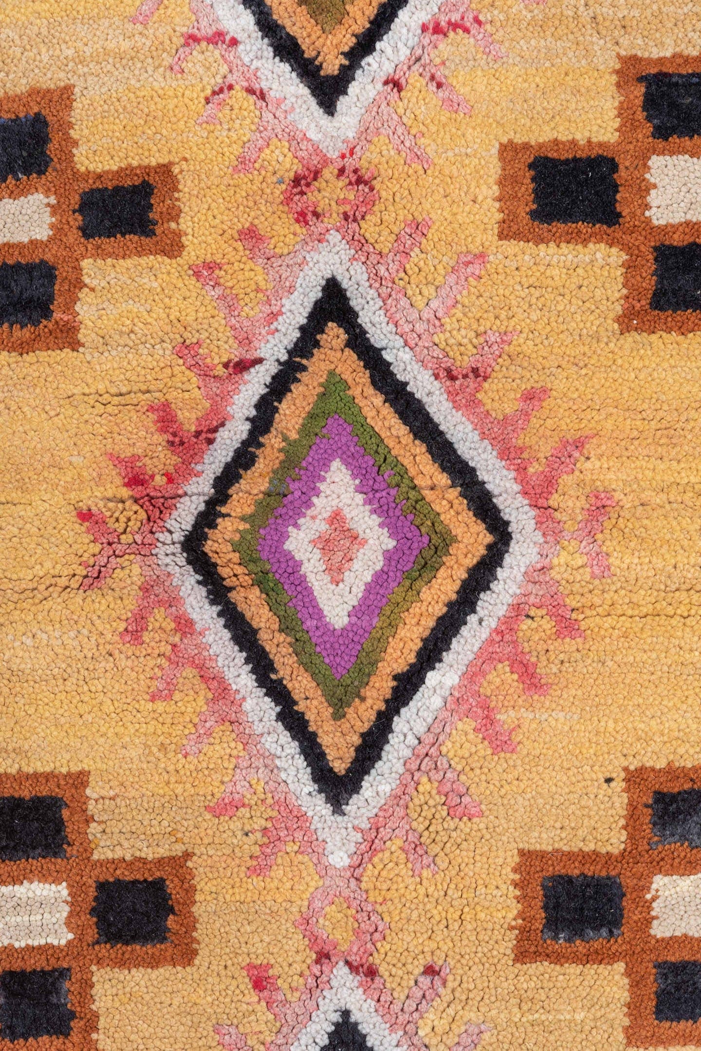 7' x 12' one-of-a-kind handmade vintage Moroccan large size rug. Color palette: ivory, blue, camel, crimson, pink, black