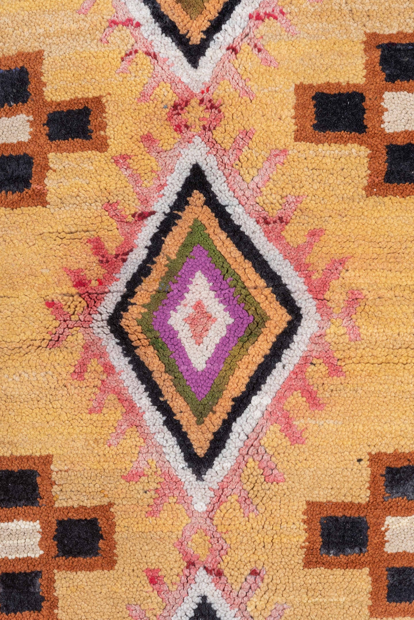 7' x 12' one-of-a-kind handmade vintage Moroccan large size rug. Color palette: ivory, blue, camel, crimson, pink, black