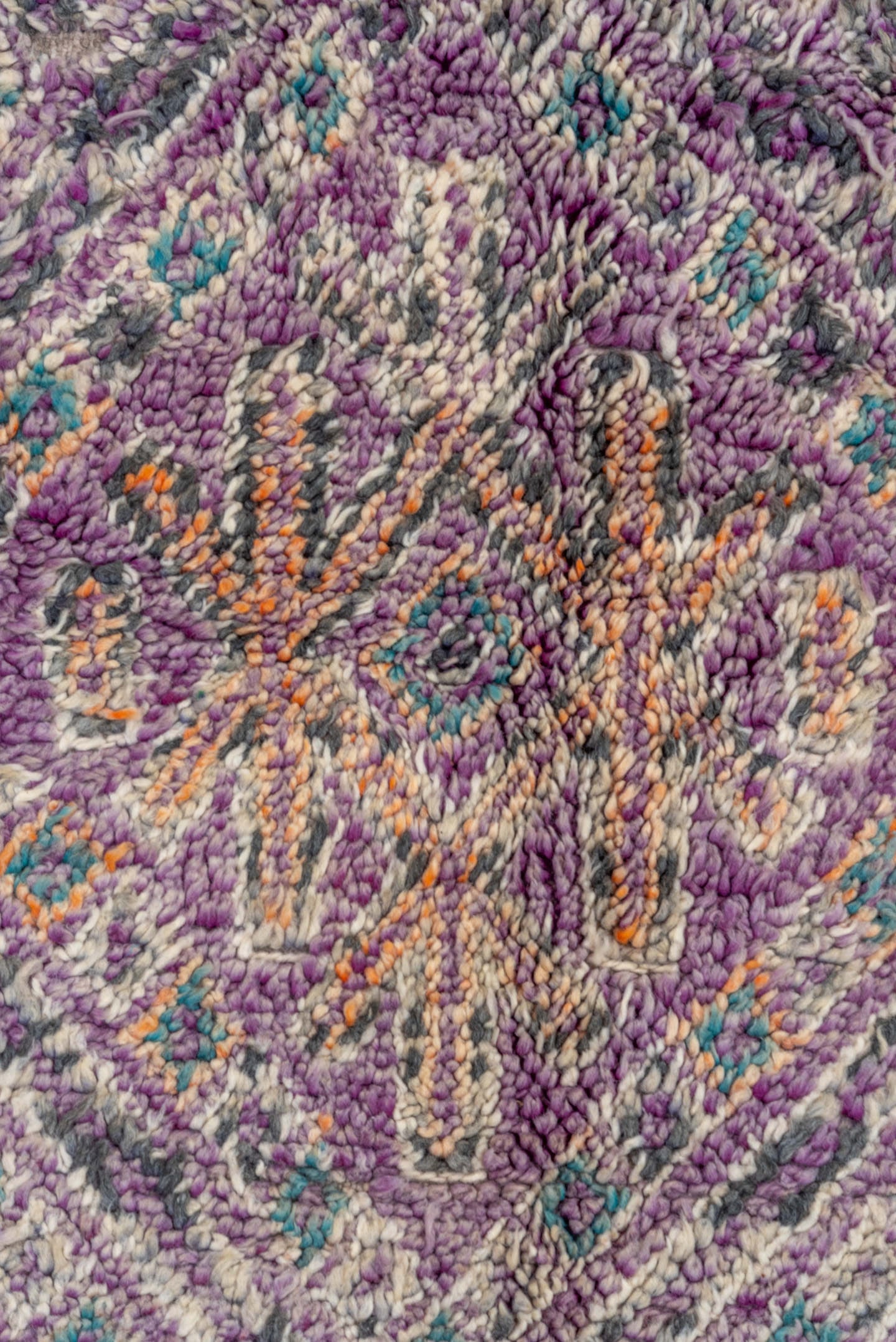 6' x 9' one-of-a-kind handmade vintage Moroccan medium size rug. Color palette: lavender, ivory, taupe, turquoise, rose