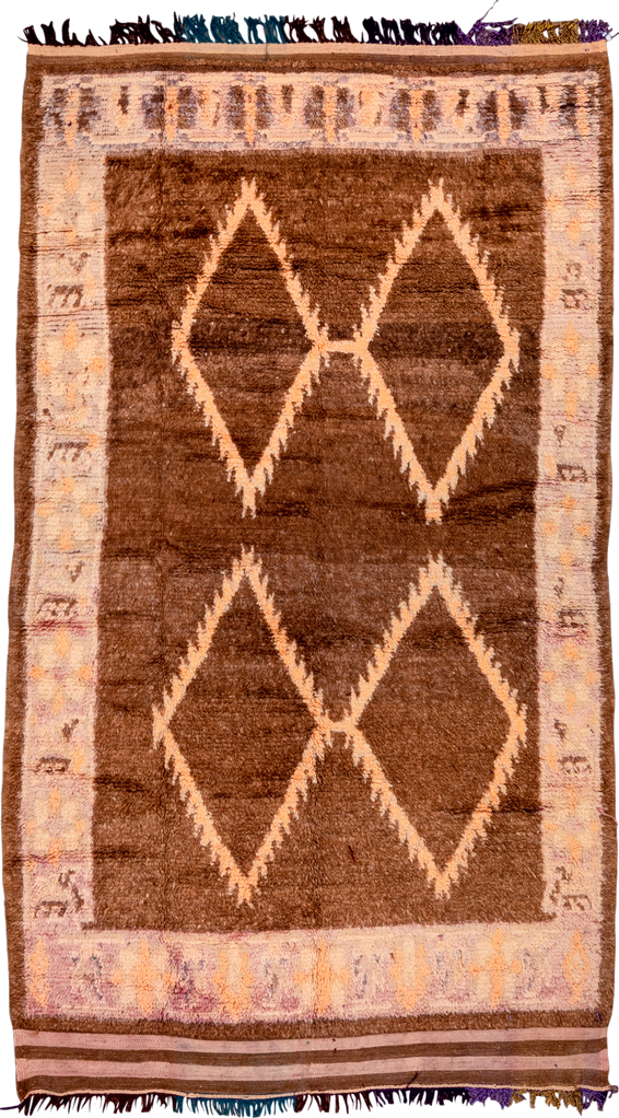 4' x 7' one-of-a-kind handmade vintage Moroccan rug. Color palette: black, blue, brown, gray, off-white, orange, pink