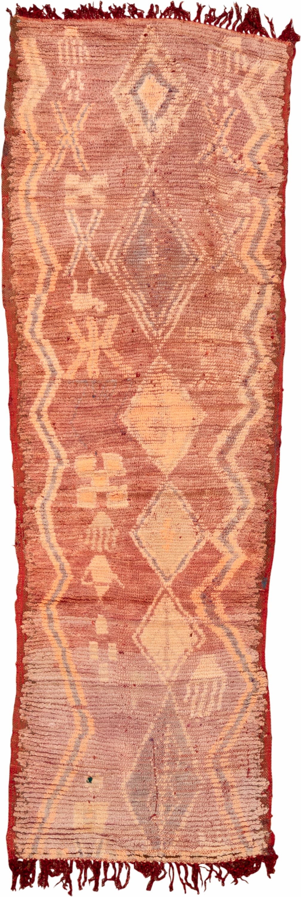 2' x 7' one-of-a-kind handmade vintage Moroccan runner rug. Color palette: terra cotta, rose, ivory, rust, slate, peach