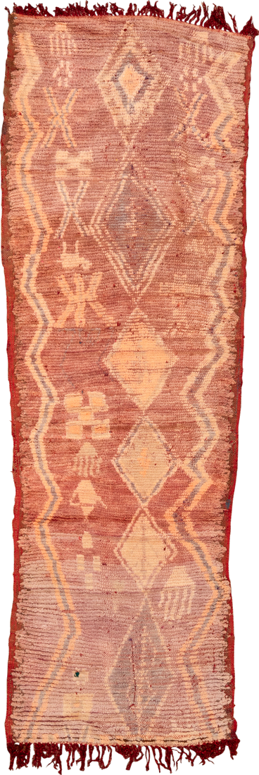 2' x 7' one-of-a-kind handmade vintage Moroccan runner rug. Color palette: brown, orange, pink, red